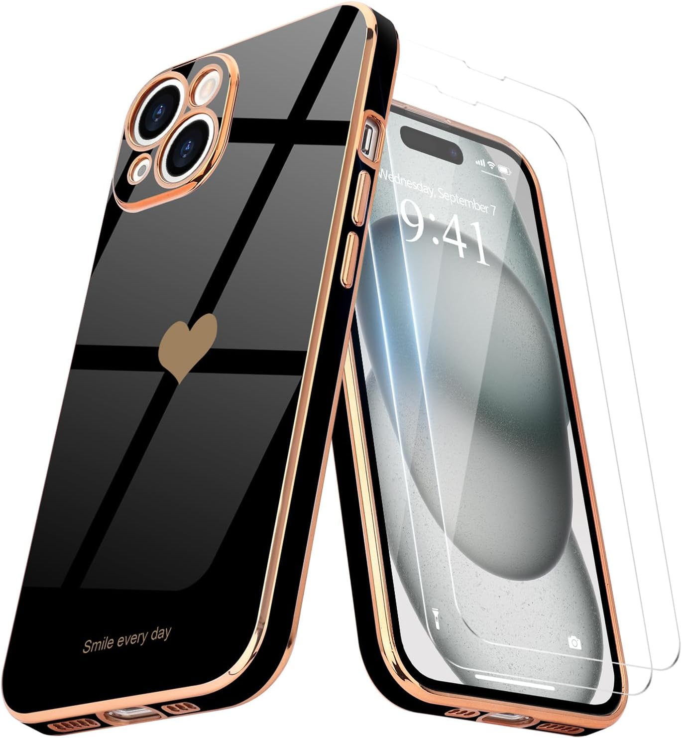 Teageo for iPhone 15 Case with Screen Protector [2 Pack] for Girl Women Cute Girly Love-Heart Luxury Gold Soft Cover Camera Protection Bumper Silicone Shockproof Phone Case for iPhone 15, Black