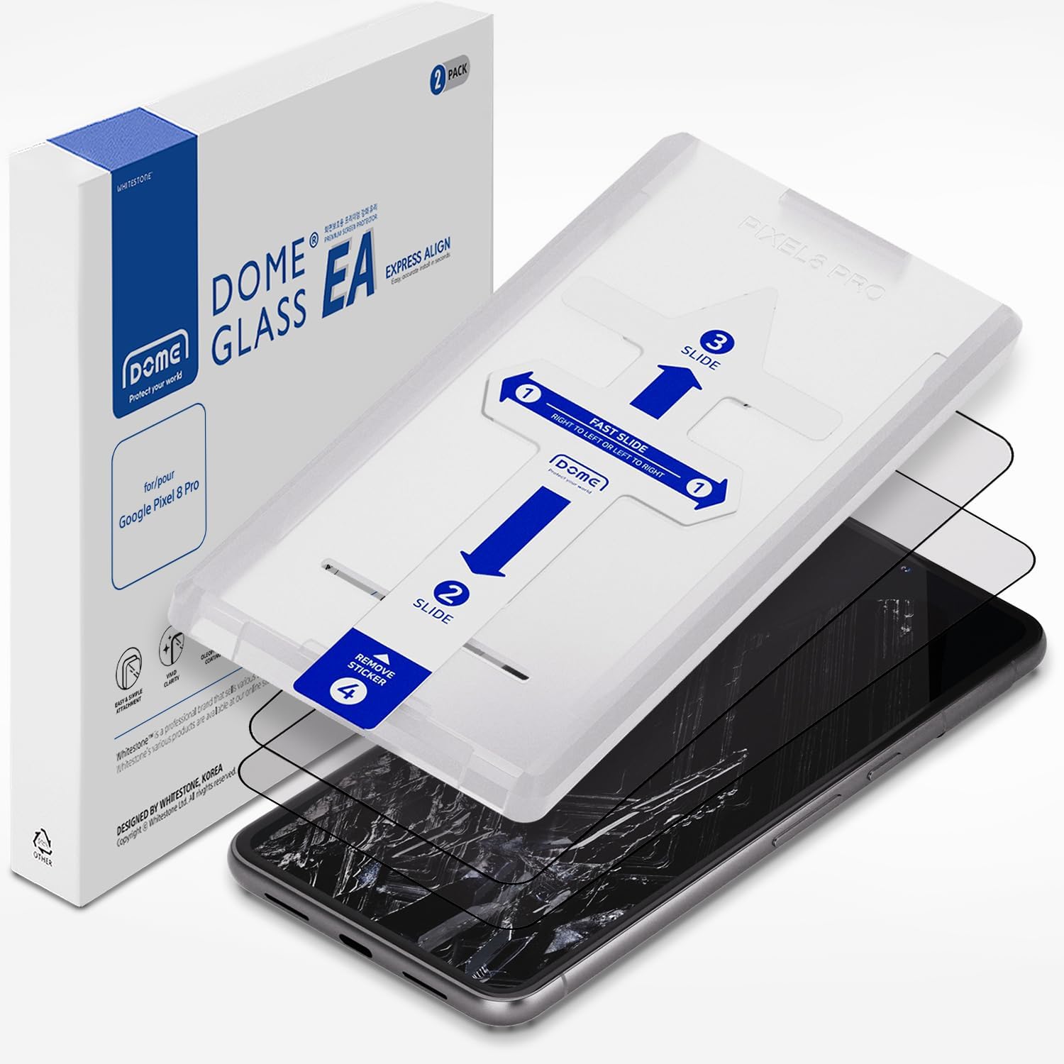 Whitestone Google Pixel 8 Pro EA Full Coverage Tempered Glass Shield [Easy Install] - Two Pack