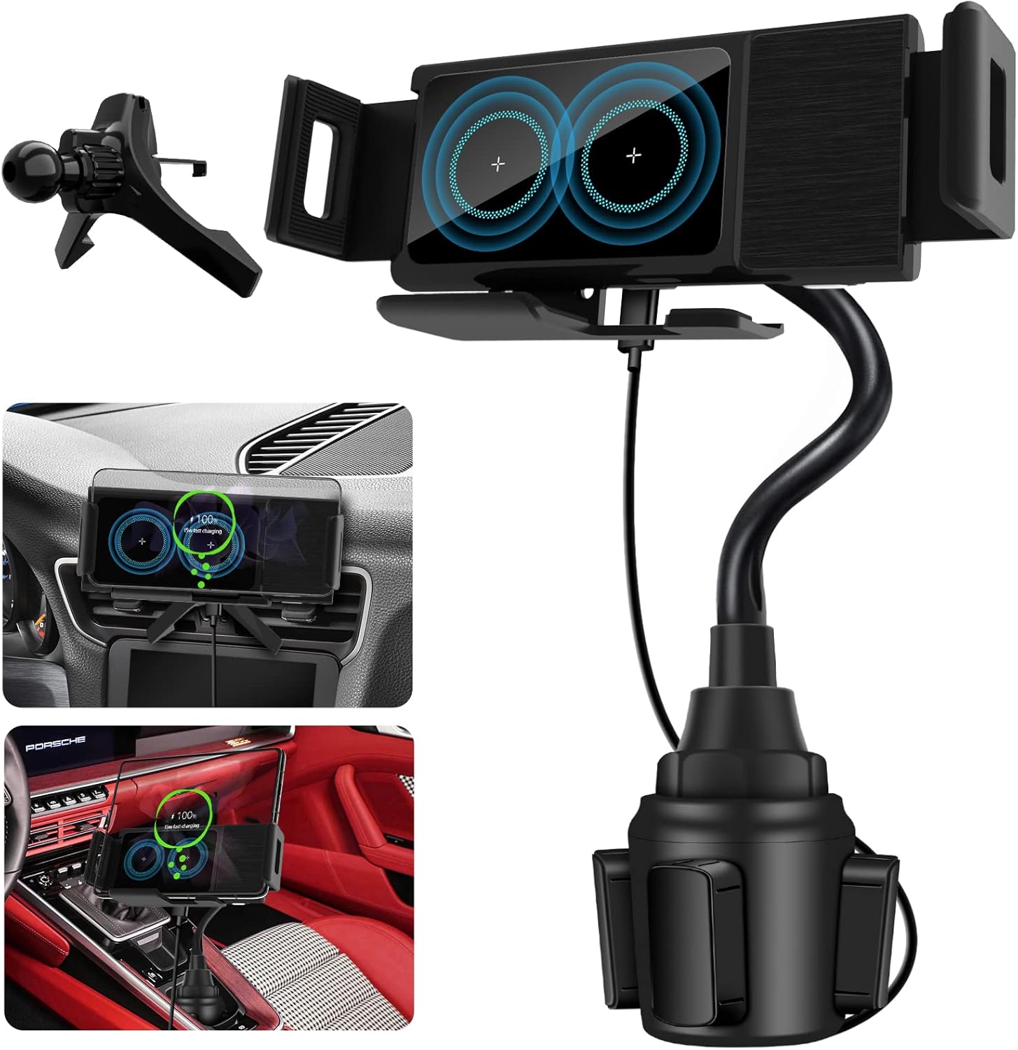 Z Fold 6 Car Mount Cup Holder, 15W Dual Coils Fast Charging Auto Clamping Auto Rotation 90° Air Vent Mount, Compatible for Galaxy Z Fold 6/5/4/3/Z Flip 6/5/4/S24 Ultra, iPhone 16 Series