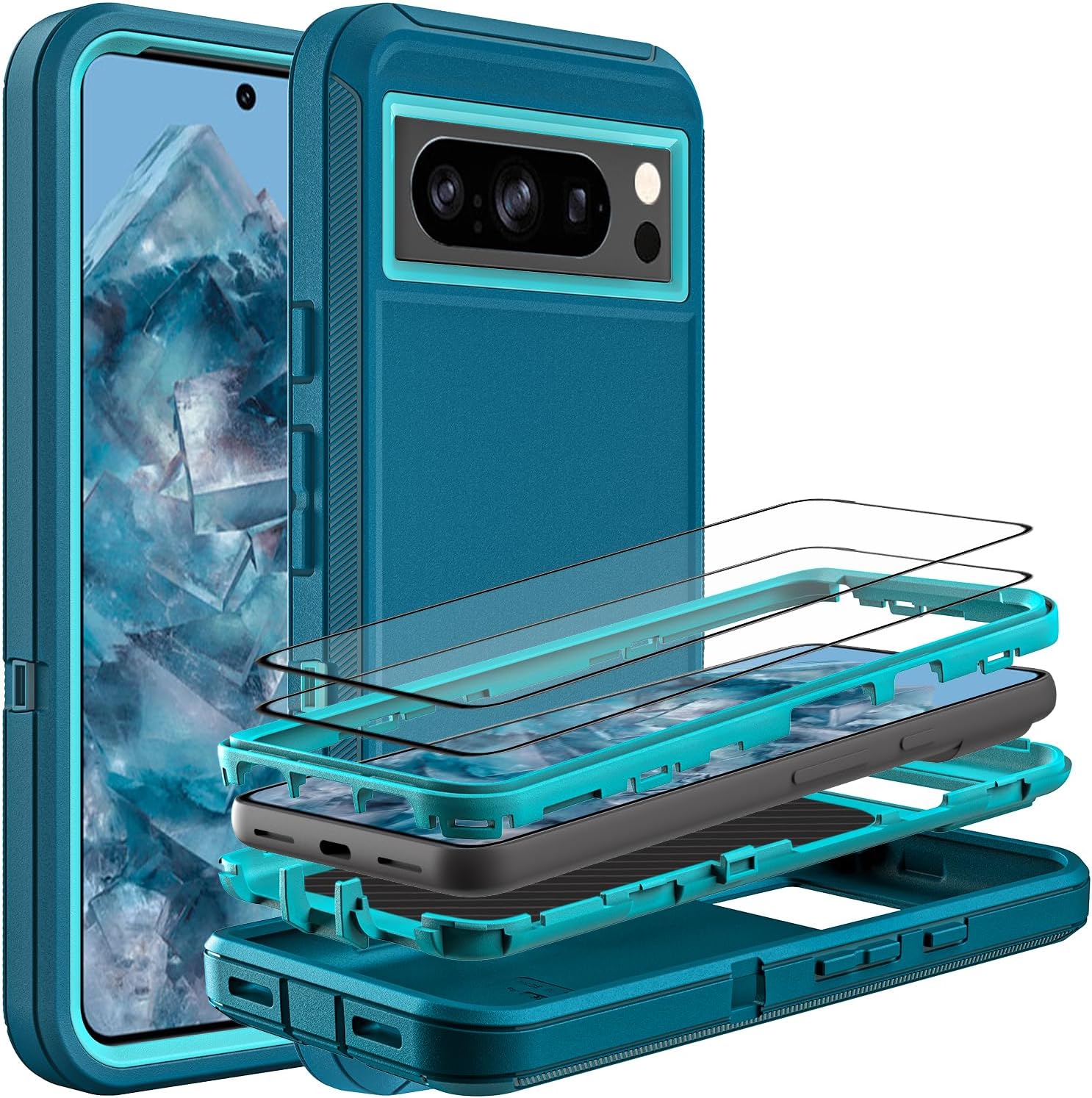 for Google Pixel 8 Pro Case, with 2 Pcs Tempered Glass Screen Protector, 3 in 1 Full Body Shockproof Heavy Duty Protection Case for Google Pixel 8 Pro (Blue/Turquoise)