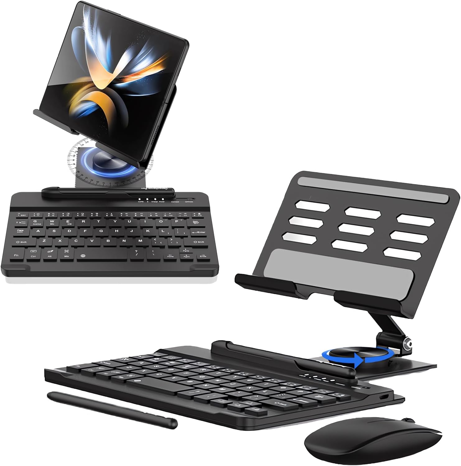 for Samsung Galaxy Z Fold 6 5 4 Stand and Keyboard Mouse, Portable Detachable Bluetooth Keyboard, Foldable Adjustable Tablet Stand Holder for Desk, with Wireless Mouse and Pen