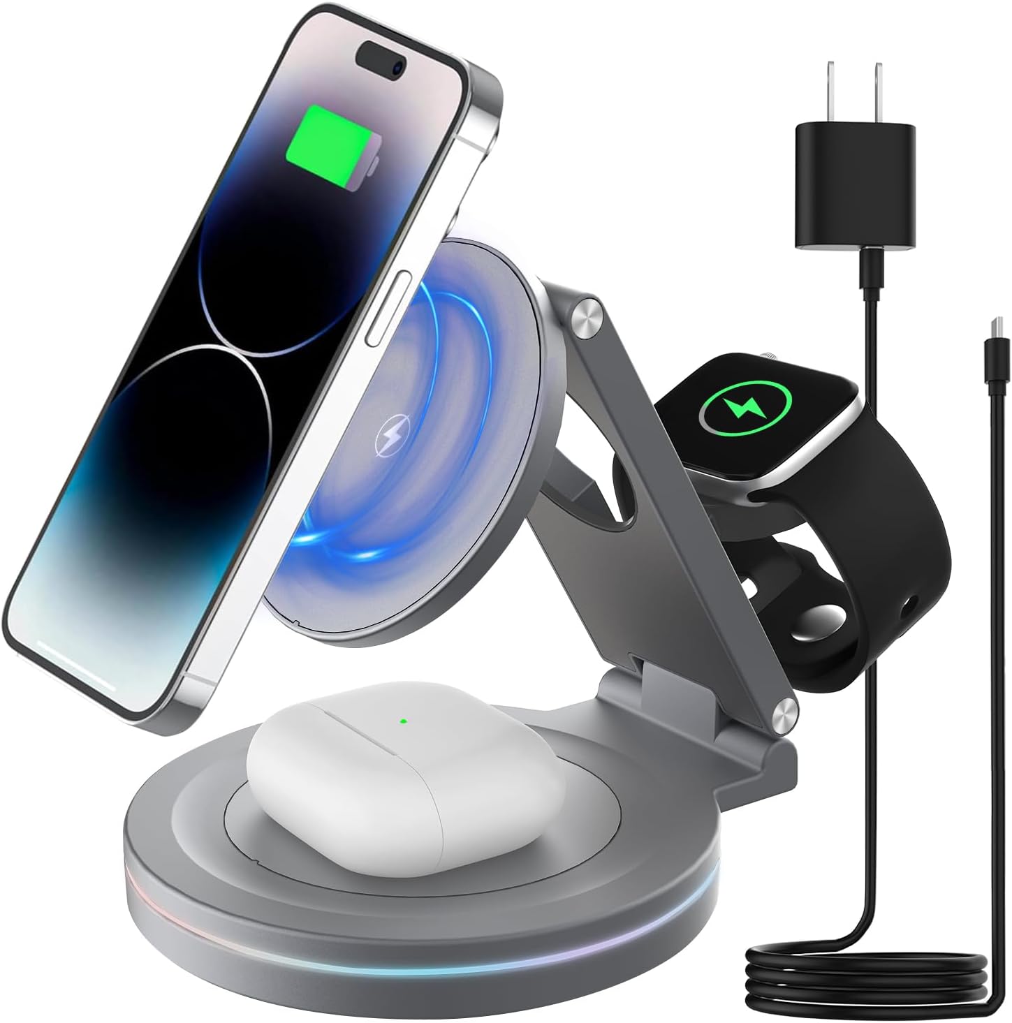 kytuwy 3 in 1 Charging Station for Apple Charger, Wireless Charger for Apple Multiple Devices, Portable Charging Stand for iPhone 15 14 13 12 Series Apple Watch Ultra 9 8 7 6 SE 5 4 3/AirPods Pro 2