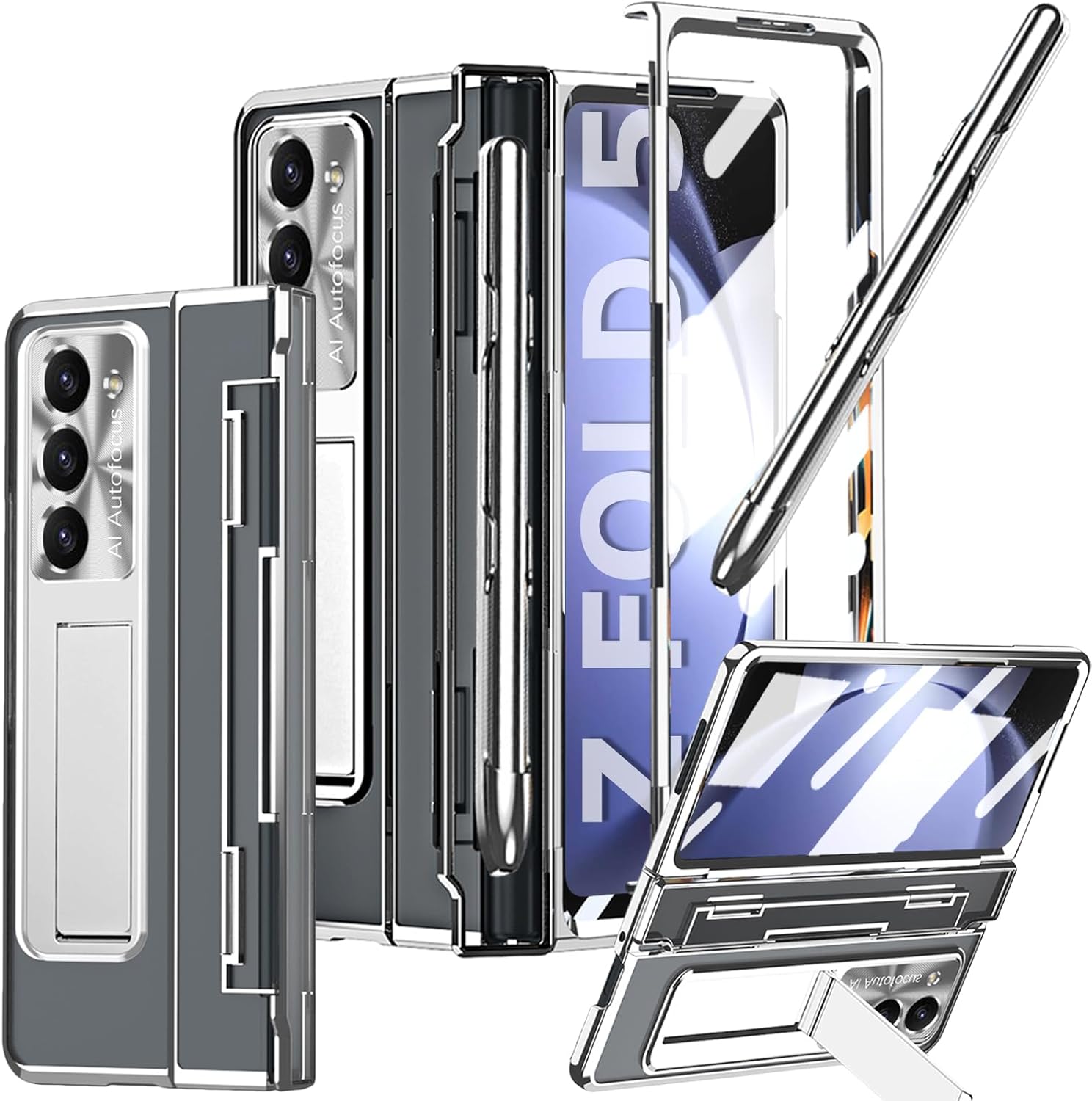 for Samsung Galaxy Z Fold 5 Clear Case with S Pen & Pen Holder, One-Piece Design Z Fold 5 Phone Case Hinge Protection Screen Protector Kickstand Z Fold 5 5g Phone Case Silver