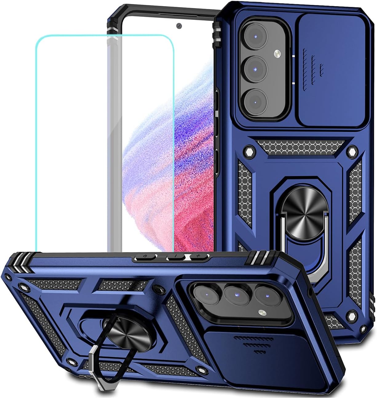 Case for Galaxy A34 5G Case, Samsung A34 5G SM-A346B Case with Tempered Glass Screen Protector and Slide Camera Cover, 360° Rotate Ring Stand Magnetic Cover for Samsung Galaxy A34 5G Blue