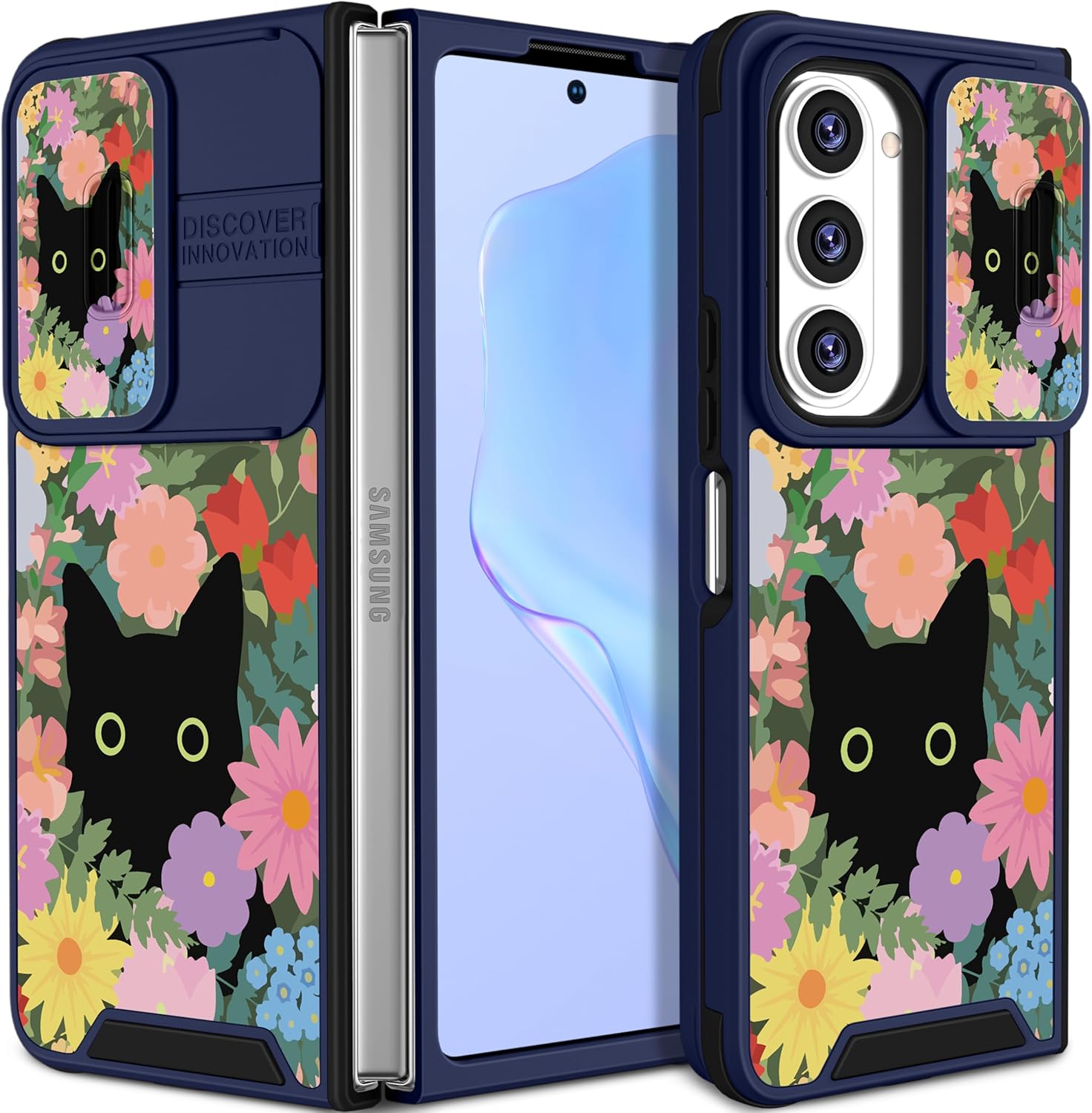 (2in1 for Samsung Galaxy Z Fold 5 Case for Women Girls Flower Cute Phone Cover Girly Pretty Aesthetic Cat Black Design with Ring Stand Luxury Funda for Samsung Z Fold 5 Cases 7.6” (2023)