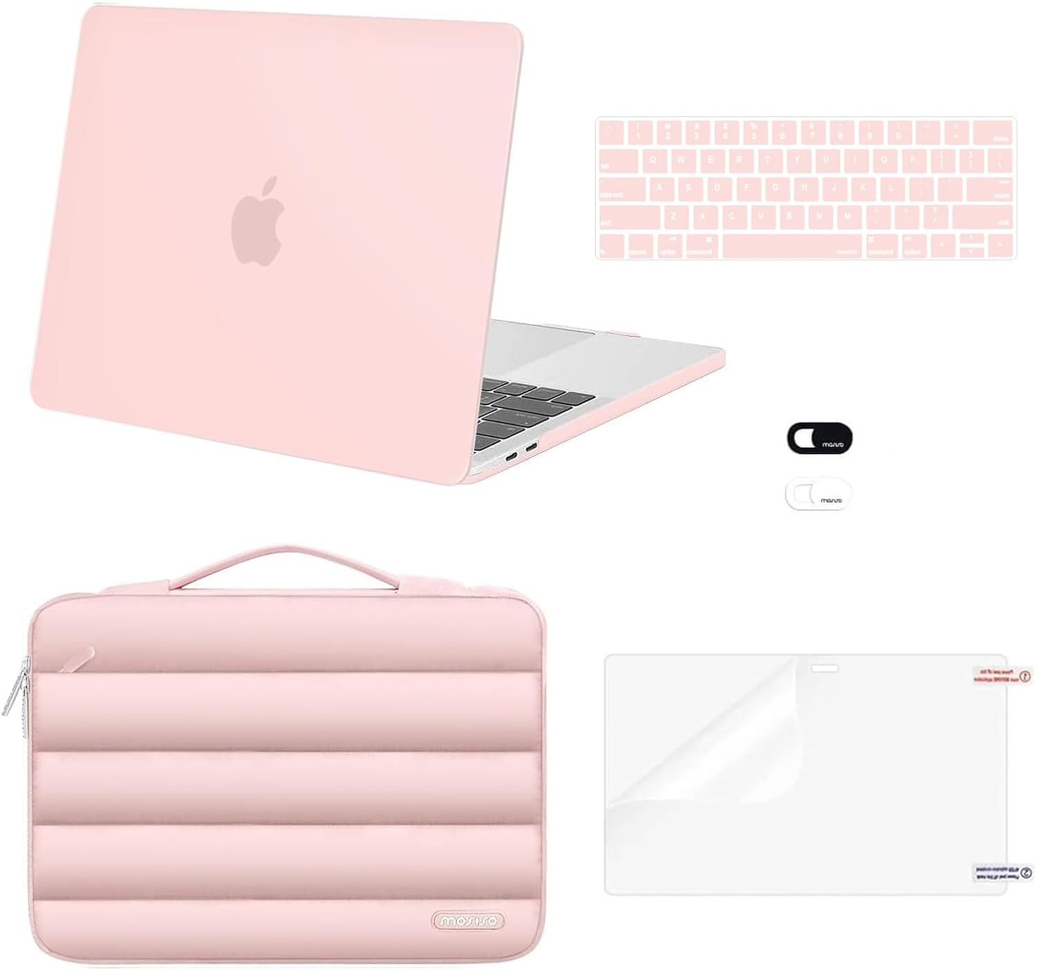 MOSISO Compatible with MacBook Pro 13 inch Case M2 2024-2016 A2338 M1 A2251 A2289 A2159 A1989 A1708 A1706, Plastic Hard Case&Puffy Sleeve Bag&Keyboard Skin&Webcam Cover&Screen Protector, Pink