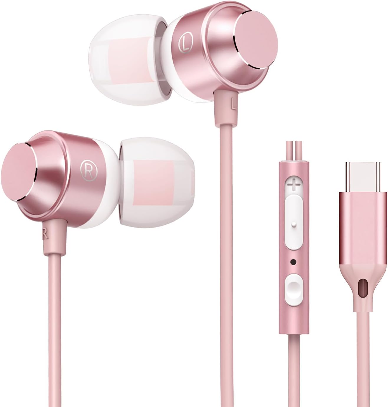 USB C Earbuds Rose Gold, Type C in Ear Headphones Wired, Stereo Bass Pink Earphones with Micphone and Volume Control Compatible with iPhone 15 Samsung Google Pixel Smart Phones