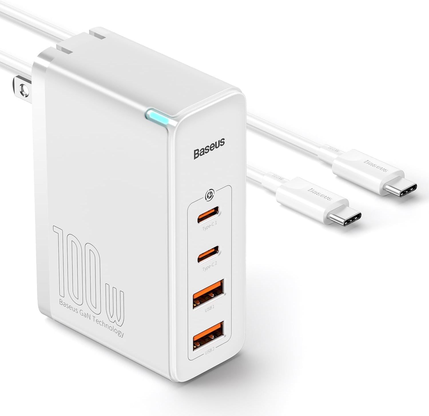 USB C Charger, Baseus 100W 4-Port GaN II Wall Charger, Fast USB C Tablets Charger Block for iPhone 15/14/13/12/11/, Galaxy, MacBook Pro/Air, iPad, Laptops, AirPods, Apple Watch, White