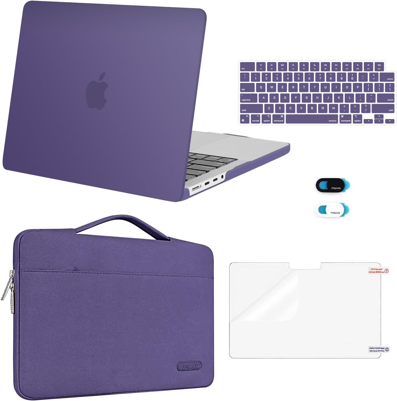 MOSISO Compatible with MacBook Pro 14 inch Case 2024 2023 2022 2021 M4 M3 M2 M1 A3112 A3185 A3401 A2918 A2992 A2779 A2442, Plastic Hard Case&Bag&Keyboard Skin&Webcam Cover&Screen Film, Imperial Purple