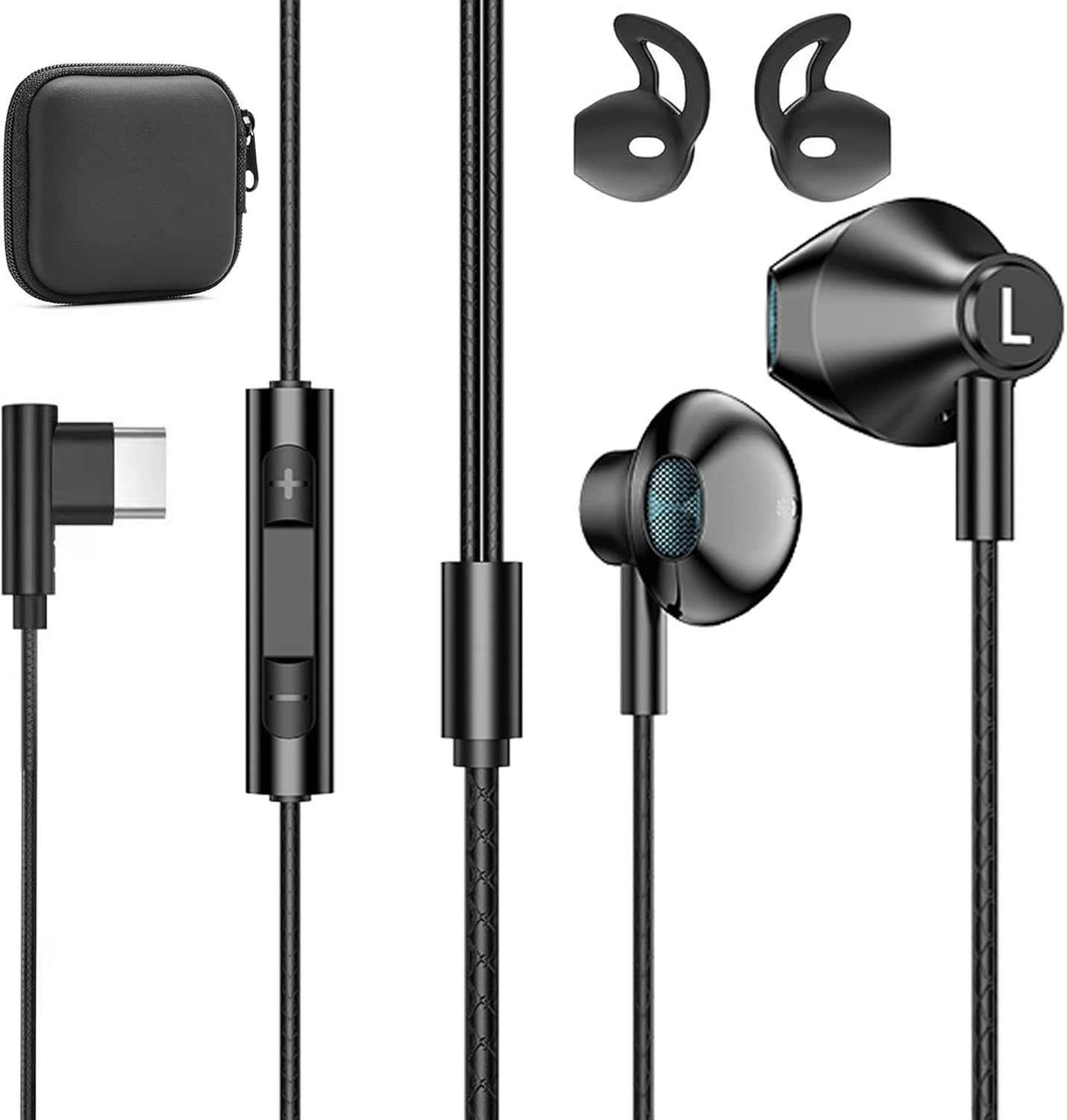 USB Type-C Wired Earbuds Semi in-Ear Earphones with Build in Microphone Remote Control Black Braided Wired Headphones Compatible for iPhone 15 Series iPad Pro Pixel Galaxy