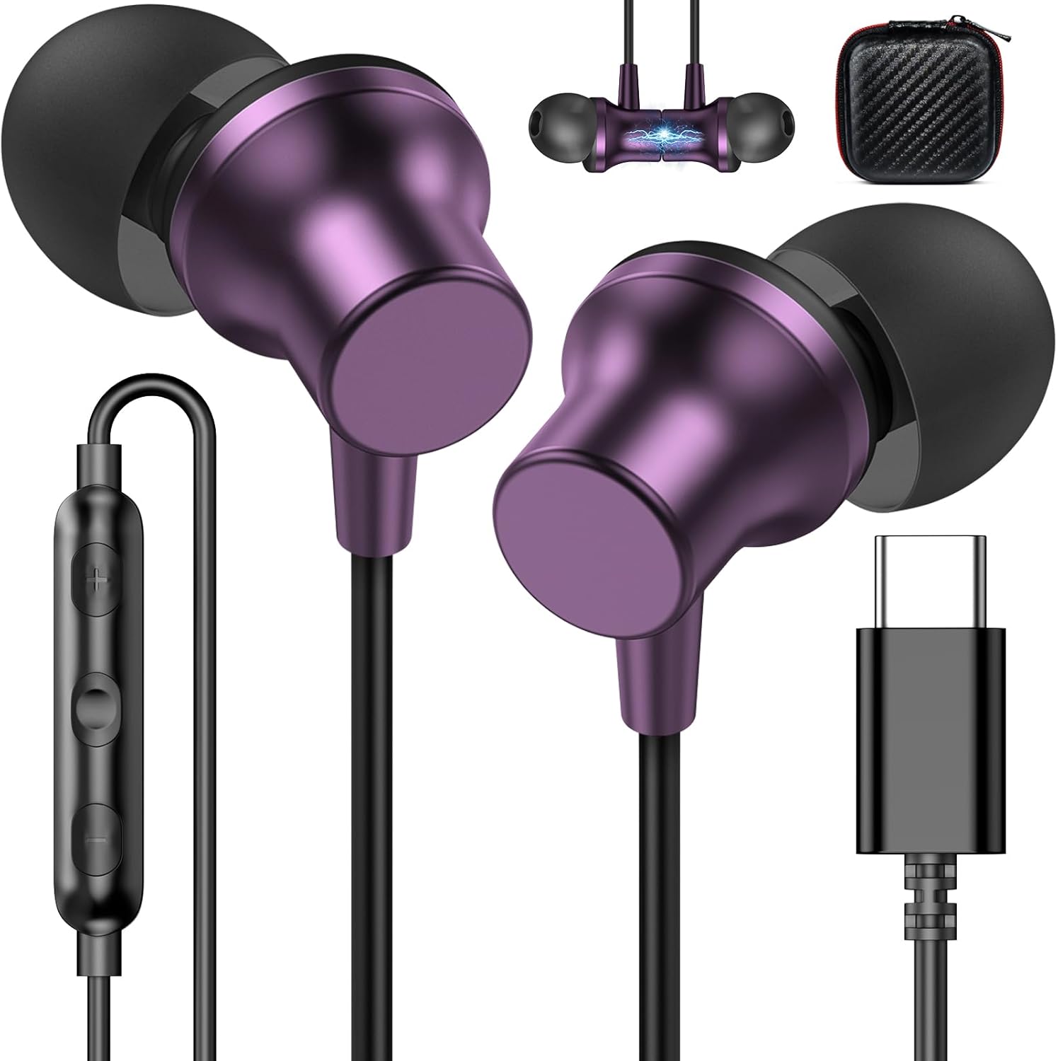 USB C Earbuds Wired Headphones for iPhone 16 Pro Samsung Galaxy Z Flip 6 S23 S22 Magnetic in-Ear Noise Canceling Type C Earphone Microphone Volume Control for Google Pixel 8 Pro 7 6a iPad Air OnePlus