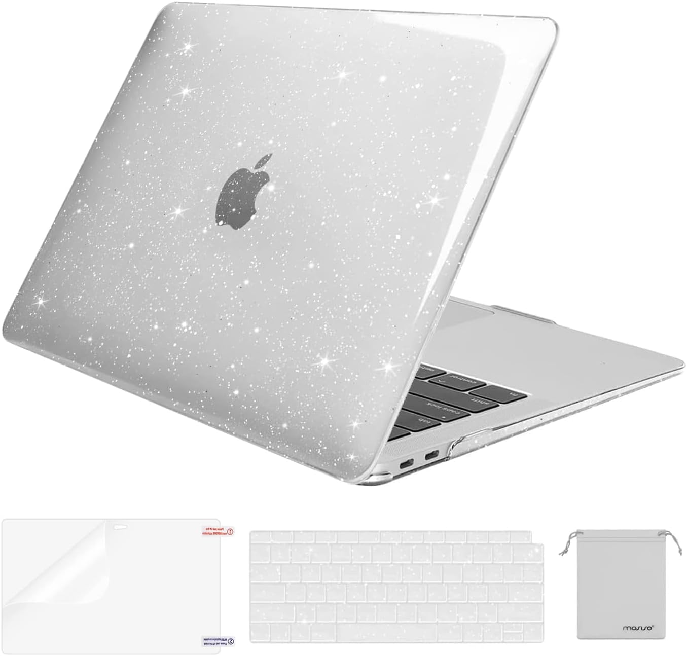 MOSISO Compatible with MacBook Air 13 inch Case 2022 2021 2020 2019 2018 A2337 M1 A2179 A1932, Glitter Plastic Hard Shell&Keyboard Cover&Screen Film&Storage Bag for MacBook Air 13 inch, Transparent