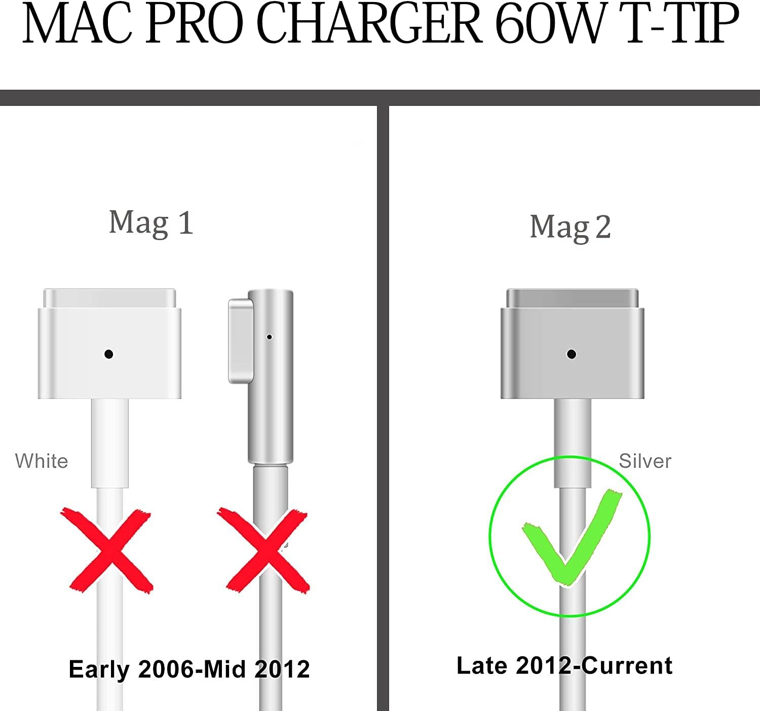 Mac Book Pro Charger, Replacement for Mac Book Pro/Mac Book Air 60W AC 2 T Connector Power Adapter,Compatible with Mac Book Pro/Mac Book Air 11 inch and 13 inch（Applicable to Late 2012-2017）