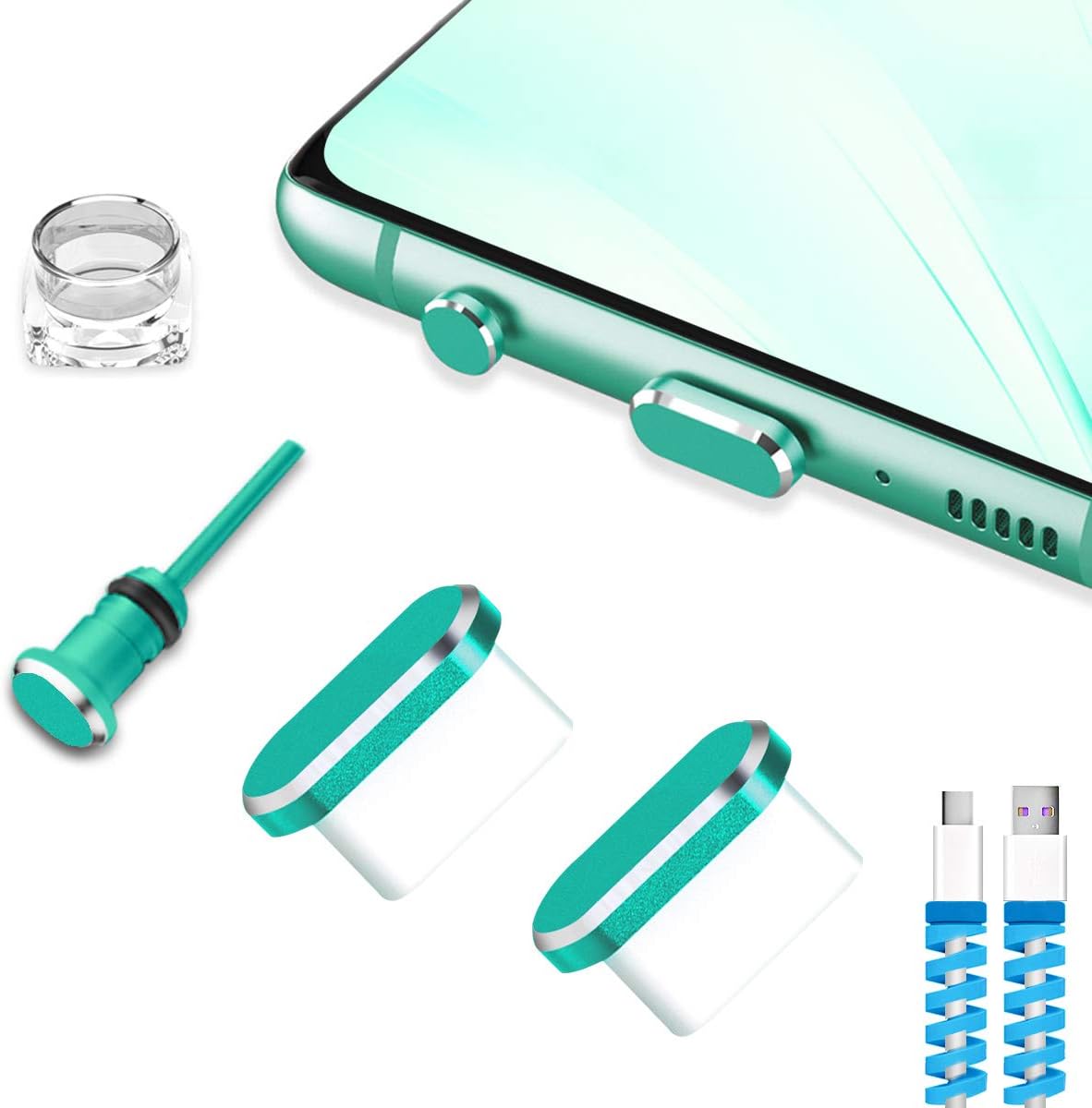 Type C Port Cover Dust Plugs, Cell Phone USB C Charging Port and Earphone Jack Cap Dirt Protectors, Compatible with Samsung Galaxy Pixel OnePlus Laptop MacBook Pro Android Devices Green 2 Pack