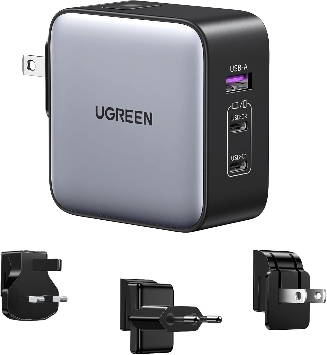 UGREEN 65W USB C Charger, Nexode 3 Port Travel Charger GaN Fast International Charger with US UK EU Plug, USB C Power Adapter for MacBook Pro/Air, Dell XPS, iPhone 16/15, iPad, Galaxy S24, Steam Deck