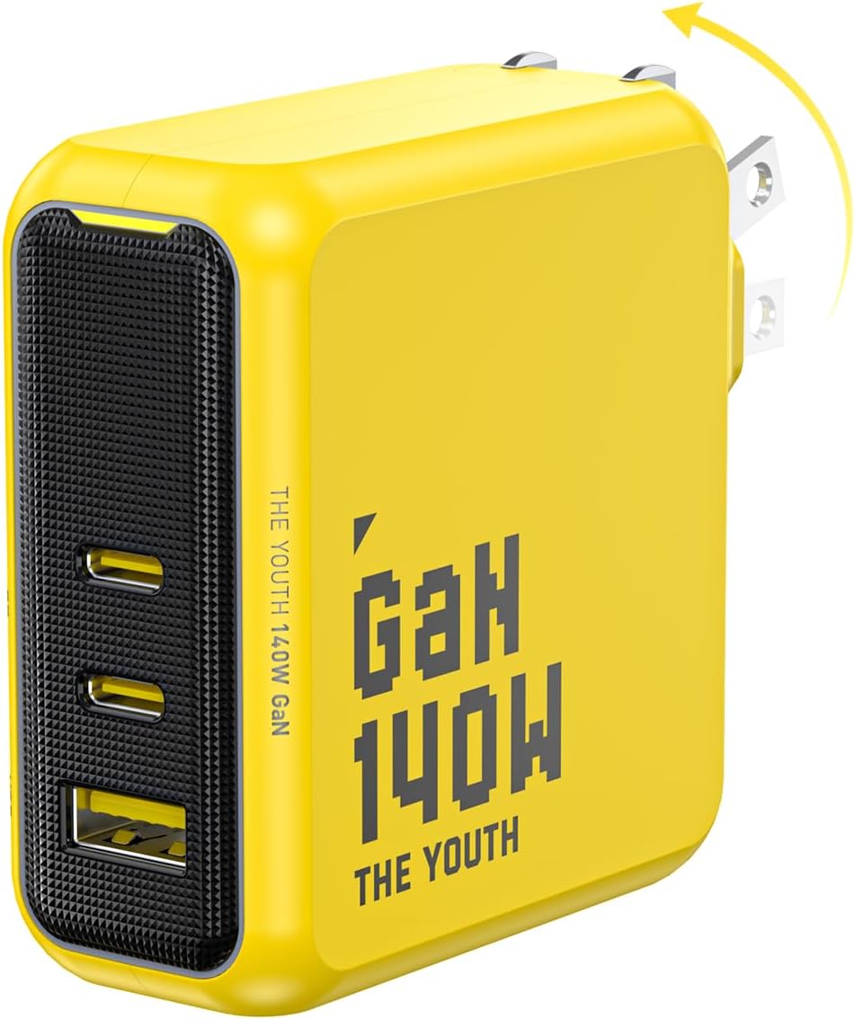 AOHI Youth 140W GaN+ USB C Charger 100W Laptop Fast Charger PD3.1 PPS 3-Port USB C Wall Charger Power Adapter for MacBook Pro 16”, Dell XPS, iPhone 15 Pro, iPad Pro, Tablet, Chromebook, Yellow