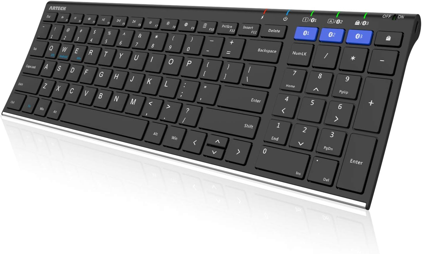 Arteck HB193 Universal Bluetooth Keyboard Multi-Device Stainless Steel Full Size Wireless Keyboard for Windows, iOS, Android, Computer Desktop Laptop Surface Tablet Smartphone Rechargeable Battery