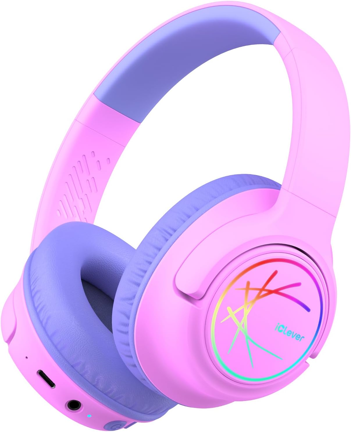 iClever Kids Bluetooth Headphones with LED Lights, BTH18 Safe Volume 74/85/94dBA, 43H Playtime, Bluetooth5.3 Kids Headphones Wireless Aux Cord for iPad/Tablet/Travel/School, Pink/Blue