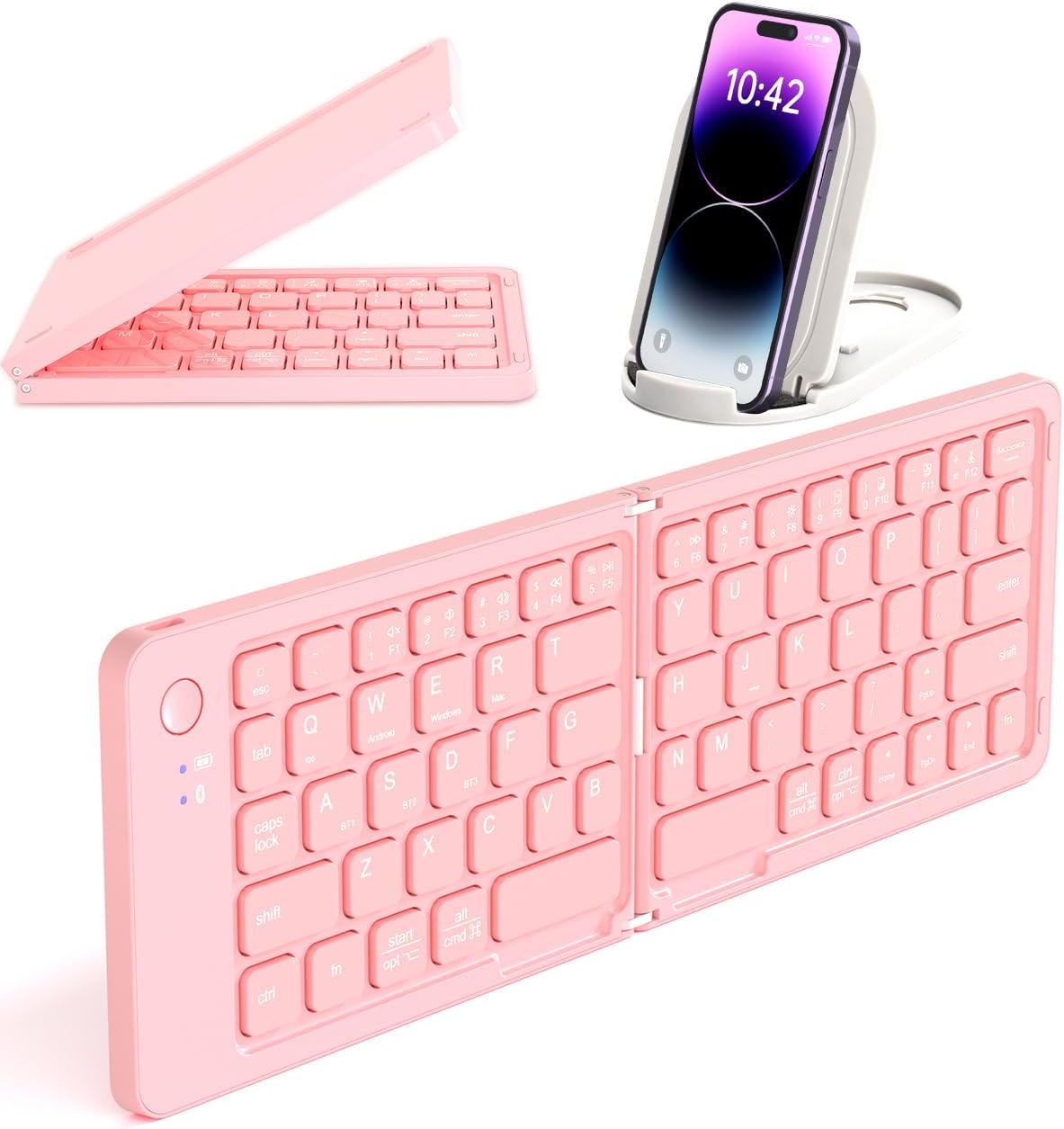 Wireless Keyboard, Foldable Wireless Bluetooth Keyboard with Holder Travel Portable Rechargeable Keyboard for Mac Android Windows iOS,Support 3 Devices (BT5.1 x 3) Pink