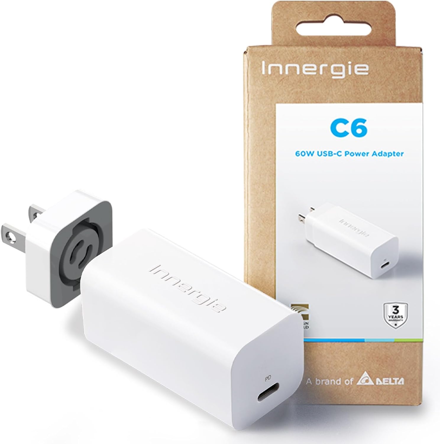 Innergie 60W C6 GaN Technology PD 3.0 USB C Fast Charger Power Adapter(Single Plug Ver.),Compatible with iPhone 16/iPad/Switch/PC Laptops/MacBook Pro/Air,UL/IEC 62368-1 Certified(Delta Electronics)