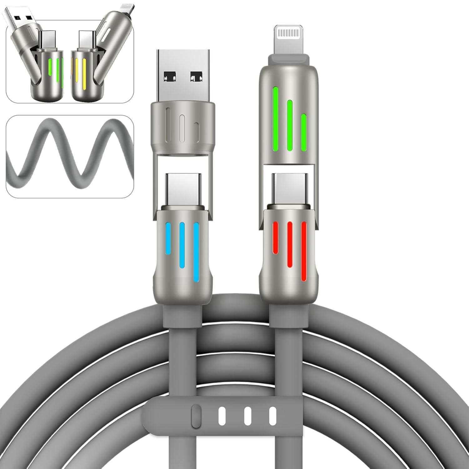 240w 4-in-1 USB C Cable,Multi Charger Cable with Breathing Light,PD 5A Multi Fast Charging &Data Sync Silicone Compatible with iPhone iPad Samsung Laptop Multi Device Charging,4FT(Grey)