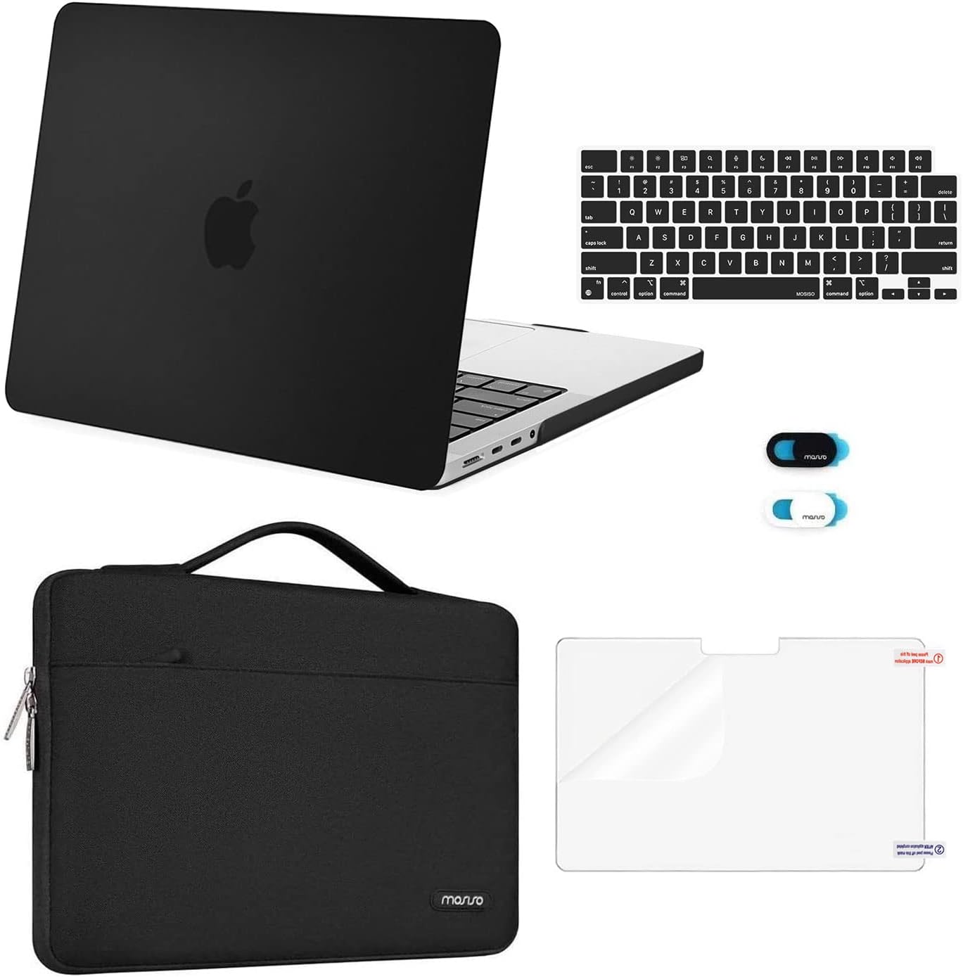 MOSISO Compatible with MacBook Pro 14 inch Case 2024 2023 2022 2021 M4 M3 M2 M1 A3112 A3185 A3401 A2918 A2992 A2779 A2442, Plastic Hard Case&Bag&Keyboard Skin&Webcam Cover&Screen Film, Black