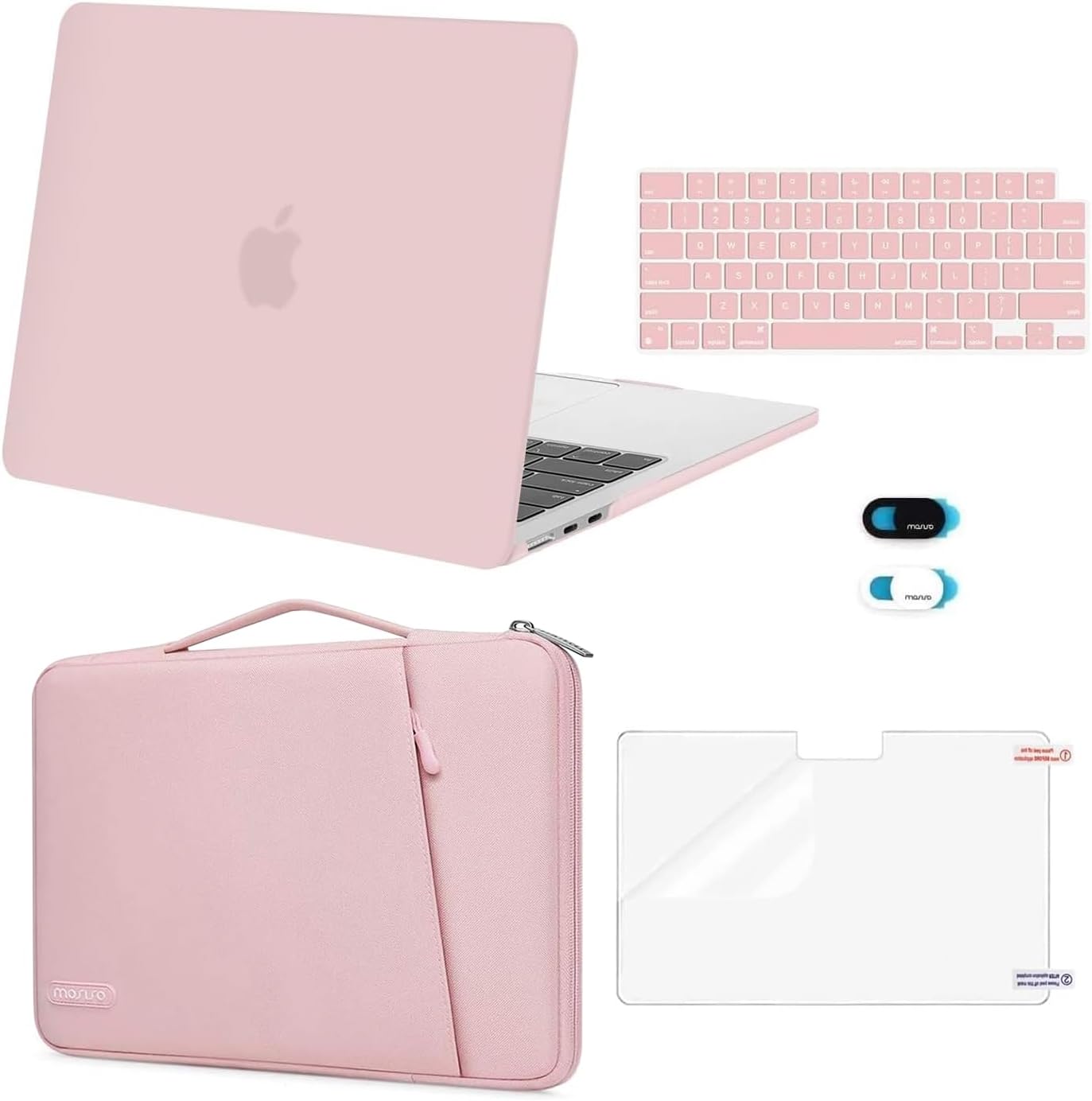 MOSISO Compatible with MacBook Air 13 inch Case 2024 2023 2022 M3 A3113 M2 A2681, Plastic Hard Case&360 Protective Bevel Bag&Keyboard Skin&Webcam Cover&Screen Film for MacBook Air 13.6, Baby Pink