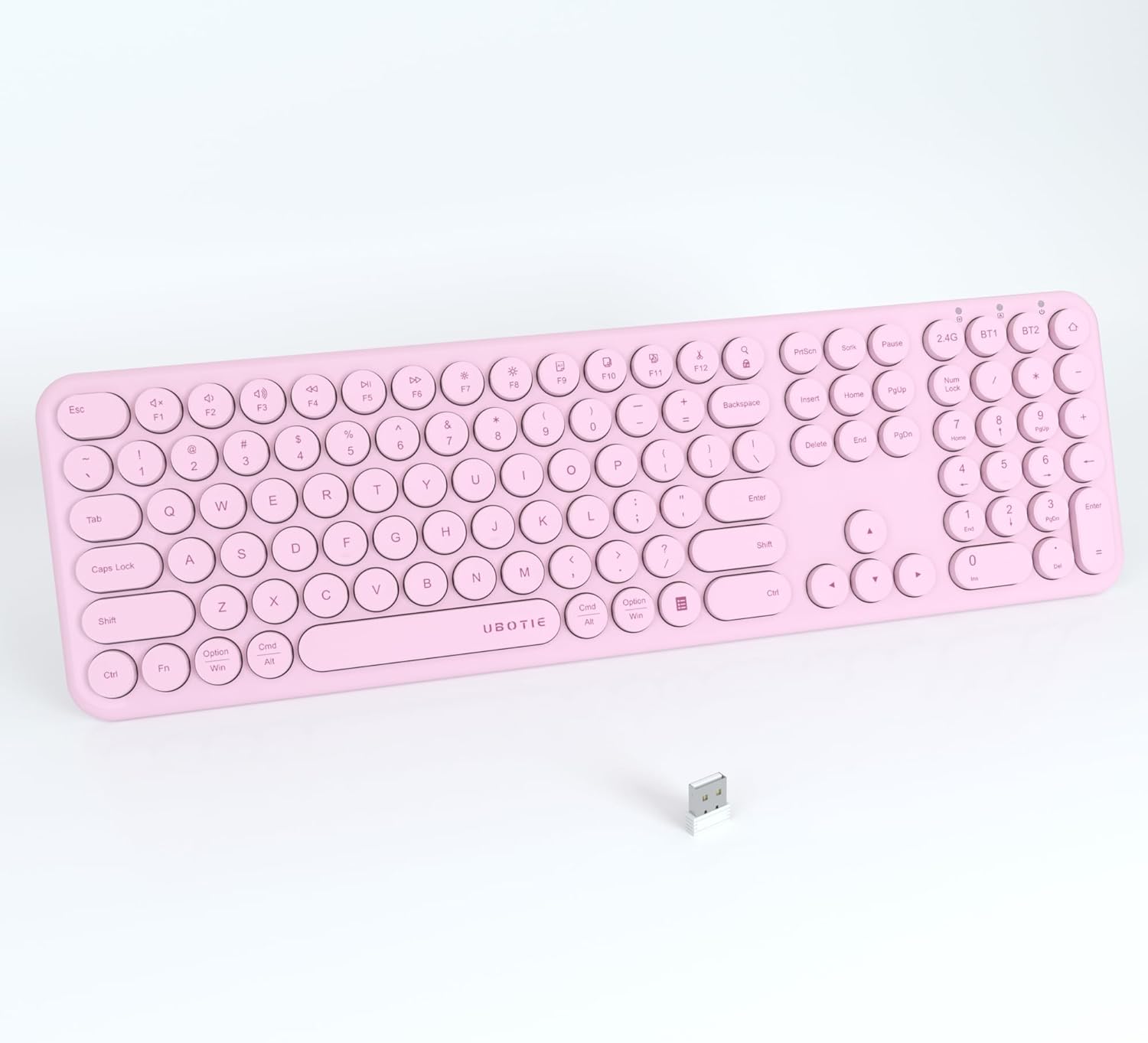 UBOTIE Wireless Pink Keyboard, Bluetooth 2.4GHz Dural Mode Connection Scissor Switches Slim Quiet Round Keycaps Full Size Office Computer Keyboards for PC MAC Smart Phones