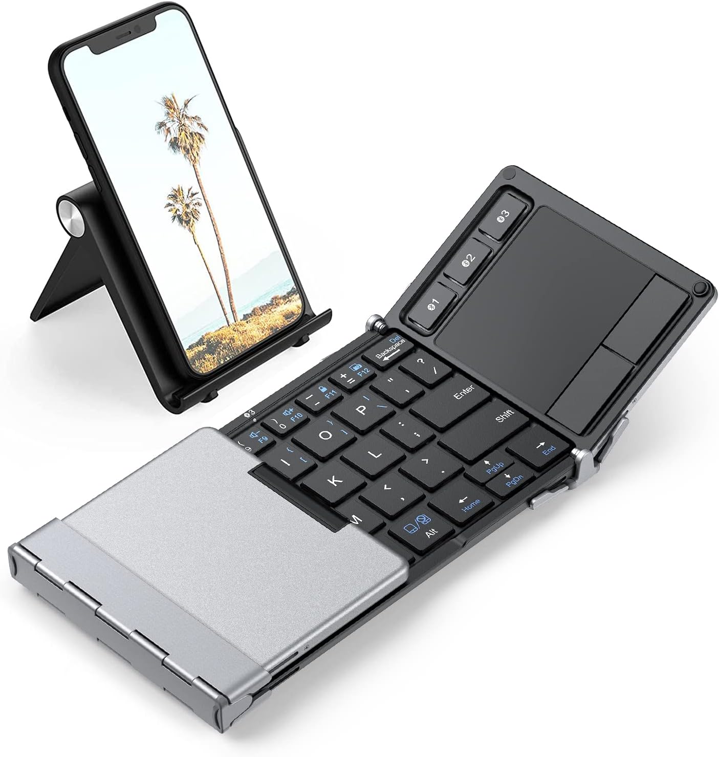 iClever Foldable Keyboard, BK08 Foldable Bluetooth Keyboard with Touchpad, Aluminum Build, USB-C Charge, Equipped with Stand Holder and Carrying Bag, Portable Keyboard for Laptop, iPad, iPhone, Silver