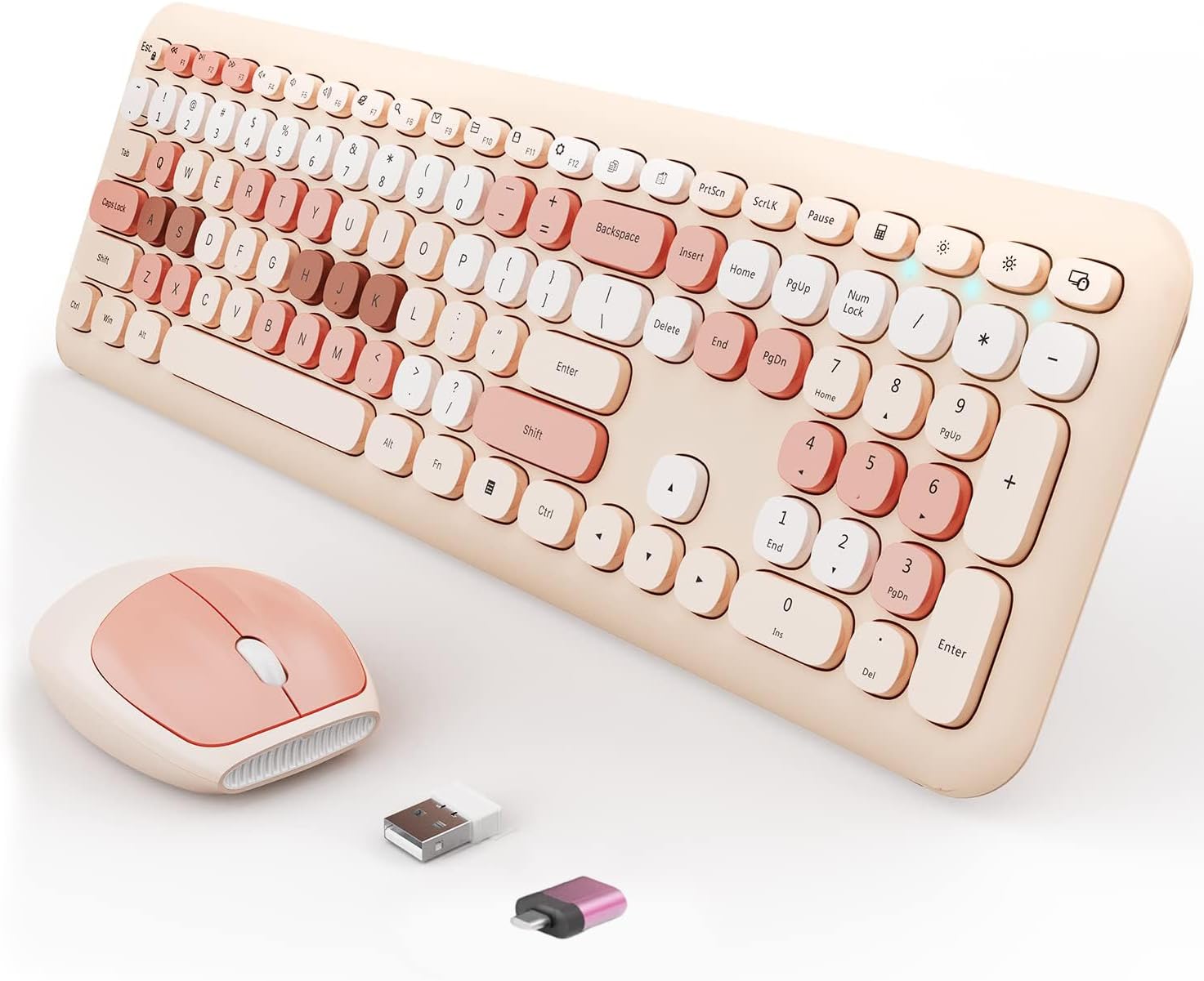 Wireless Keyboard and Mouse Combo, Colorful Ergonomic Full Size Retro Low-Noise Keyboard with Cute keycaps, Compatible with Windows, PC, Perfer for Home and Office Keyboards (Brown)