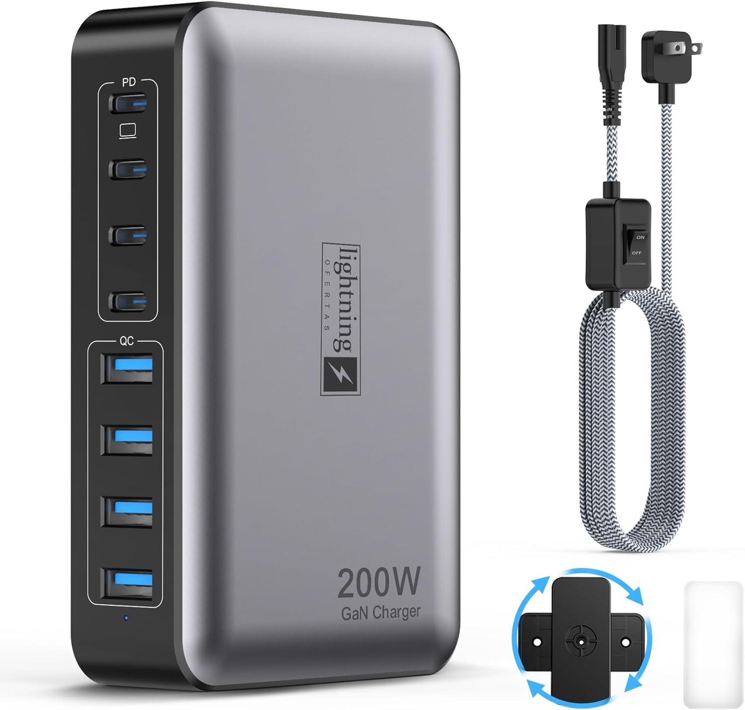 USB C Fast Charger Block 200W, 8 Ports Charging Station for iPhone/Ipad/MacBook, 4C4A GaN Charger Box, Flat Plug Multi Chargers for All Devices 5ft Braided Power Cord with On/Off Switch