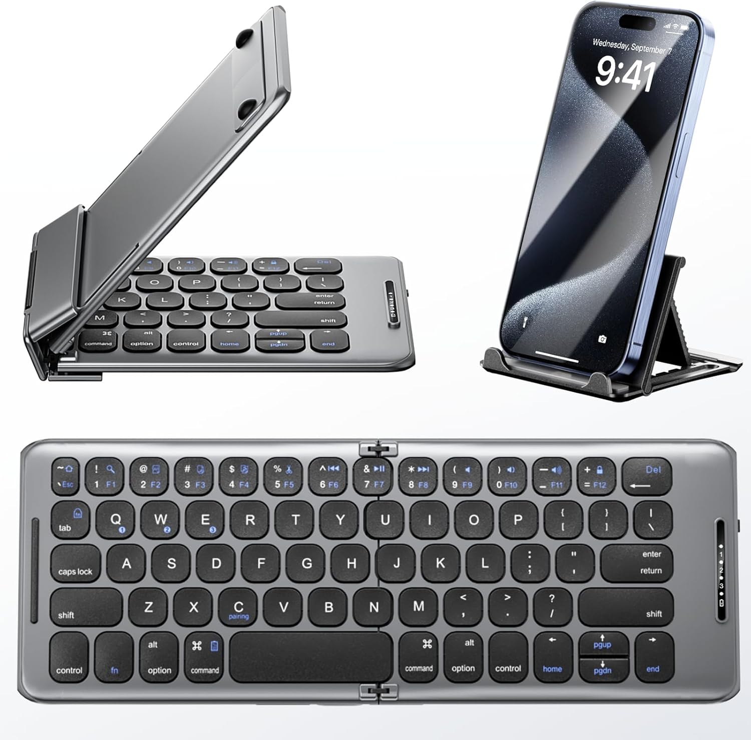 Foldable Bluetooth Keyboard with Stand Holder, Portable Wireless Phone Keyboard, Rechargeable Full Size Ultra Slim Travel Keyboard for iOS, Android, Windows, Fit Phone Pad Tablet Laptop,B088