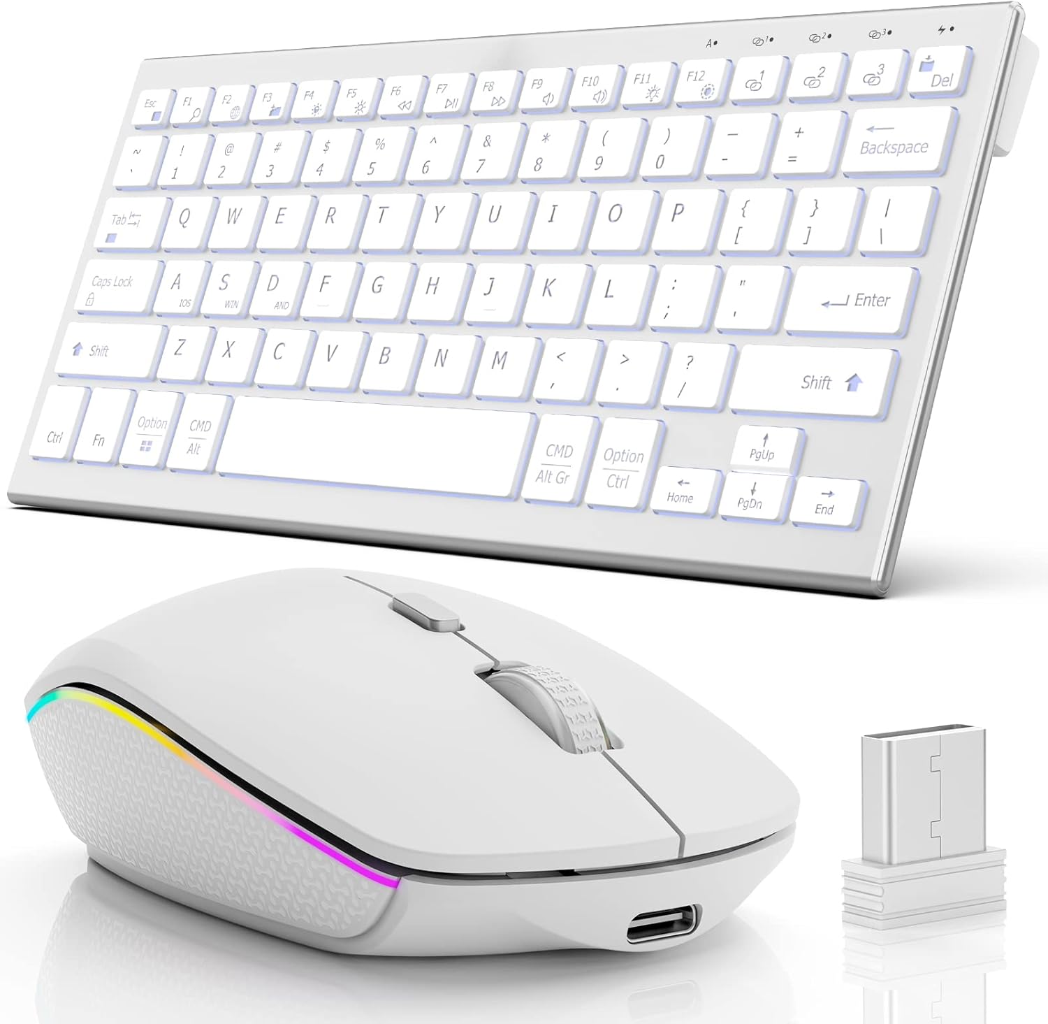 Wireless Keyboard Mouse, Ultra Slim Bluetooth 2.4G Slient Wireless Keyboard and Mouse Combo with Backlit, Multi-Device USB Rechargeable Keyboard Mouse for Laptop PC Windows Desk (Silver White)