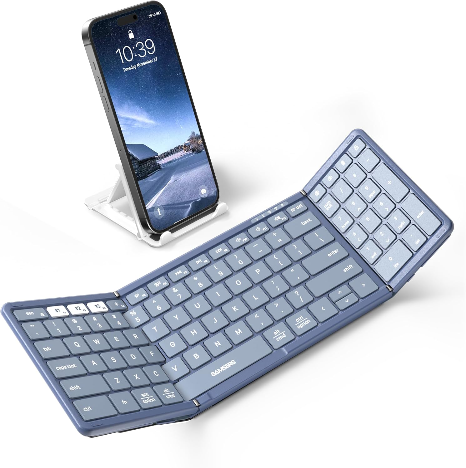 Samsers Foldable Bluetooth Keyboard with Numeric Keypad, Full-Size Wireless Folding Keyboard with PU Leather, Portable Travel Keyboard for iOS Android Windows Mac OS, Support 3 Device(BT5.1 x 3) Blue