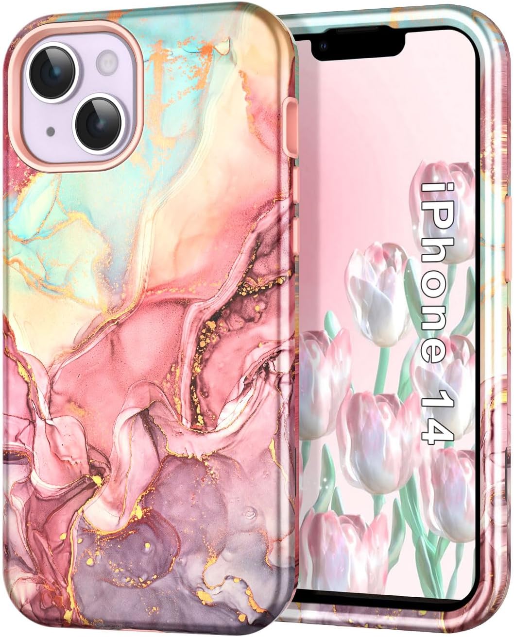 CASEFIV Compatible with iPhone 14 Case,Marble Pattern 3 in 1 Heavy Duty Shockproof Full Body Rugged Hard PC+Soft Silicone Drop Protective Women Girls Cover for iPhone 14, Rose Gold