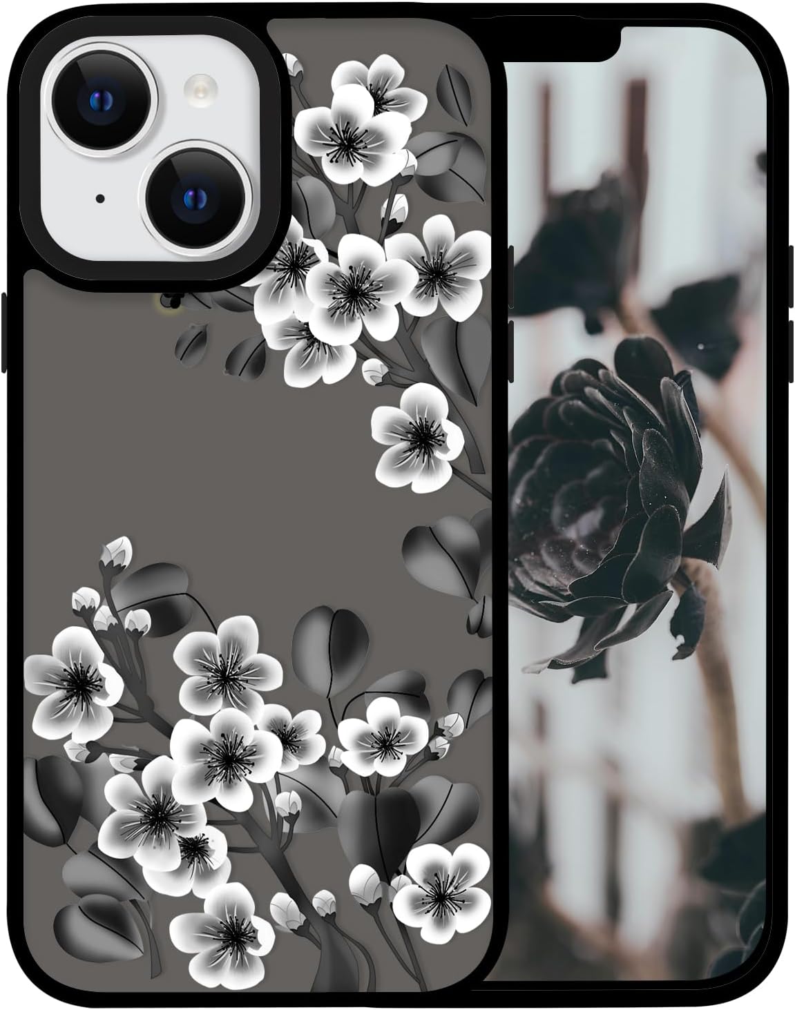 Compatible for iPhone 13 Case, [ Cute Flower Floral Design] Shockproof Matte Translucent Military Grade Drop Protection with Camera Lens Protection Frame for Women Girls Cover - Black A