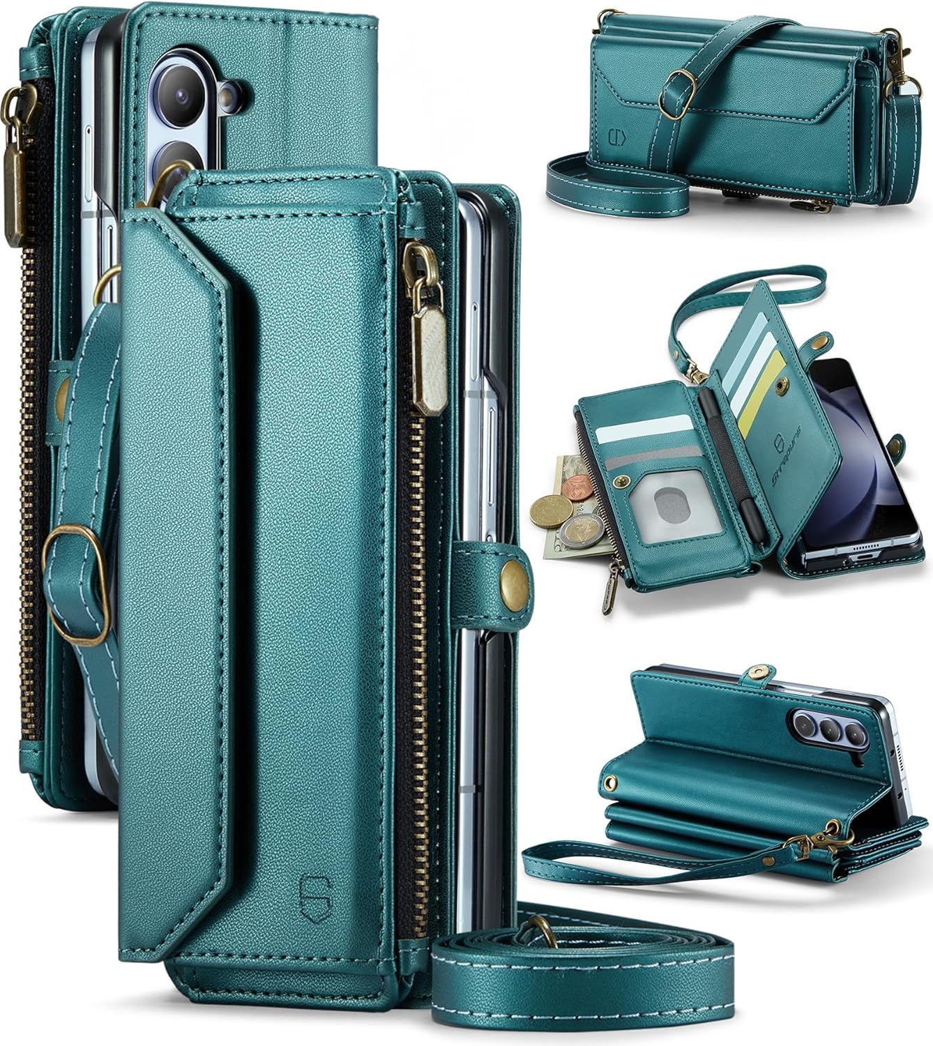 Crossbody Wallet Case Compatible with Samsung Galaxy Z Fold 5 with RFID Blocking Card Holder & Pen Holder Slot Soft PU Leather Shoulder Strap Zipper Pocket Purse Fold 5 Phone Case, Blue Green