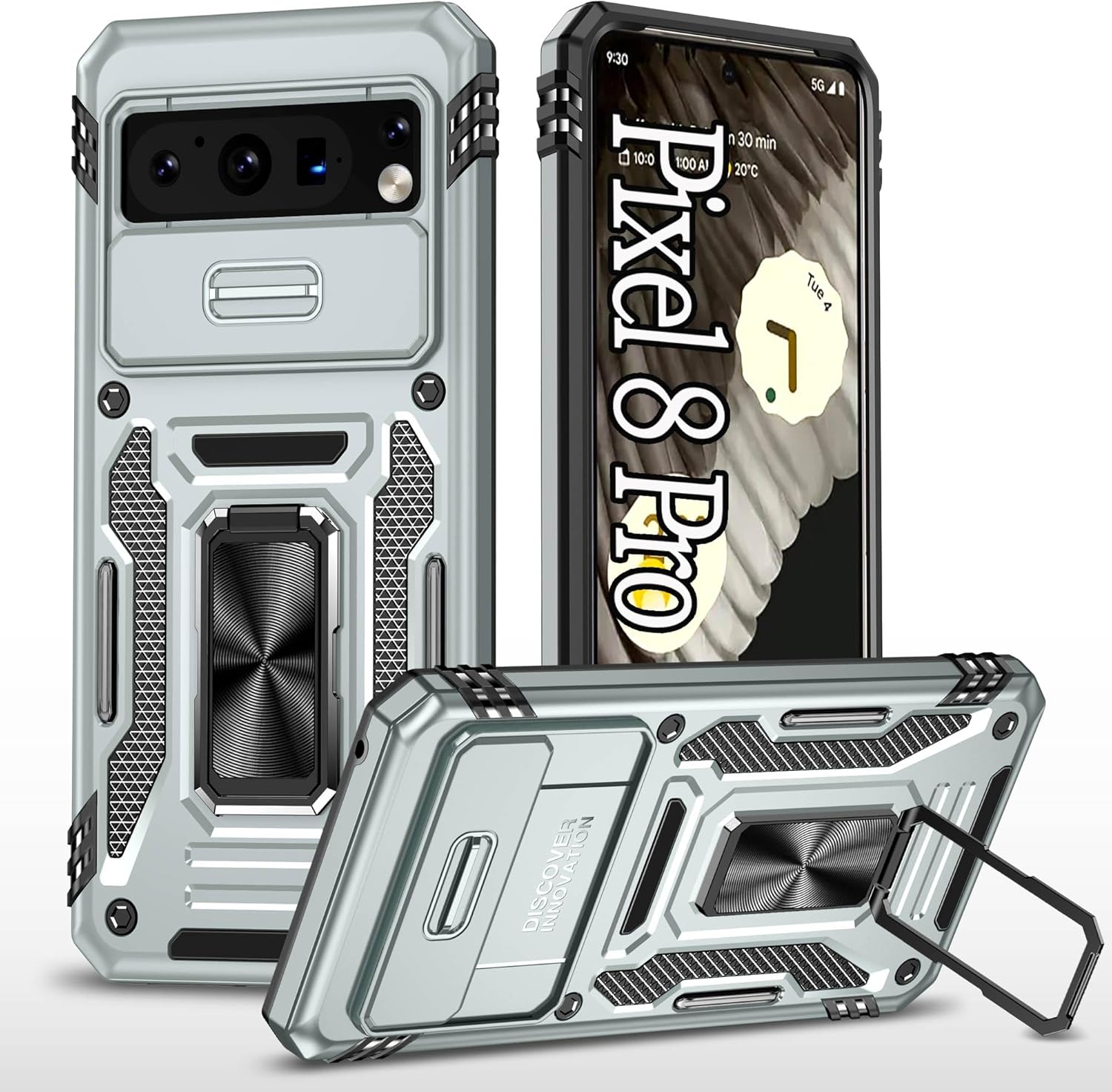 Designed for Google Pixel 8 Pro Case Silvery,with Camera Cover and Kickstand,[Military-Grade Protection Case],Case for Google 8 Pro - 6.7inch