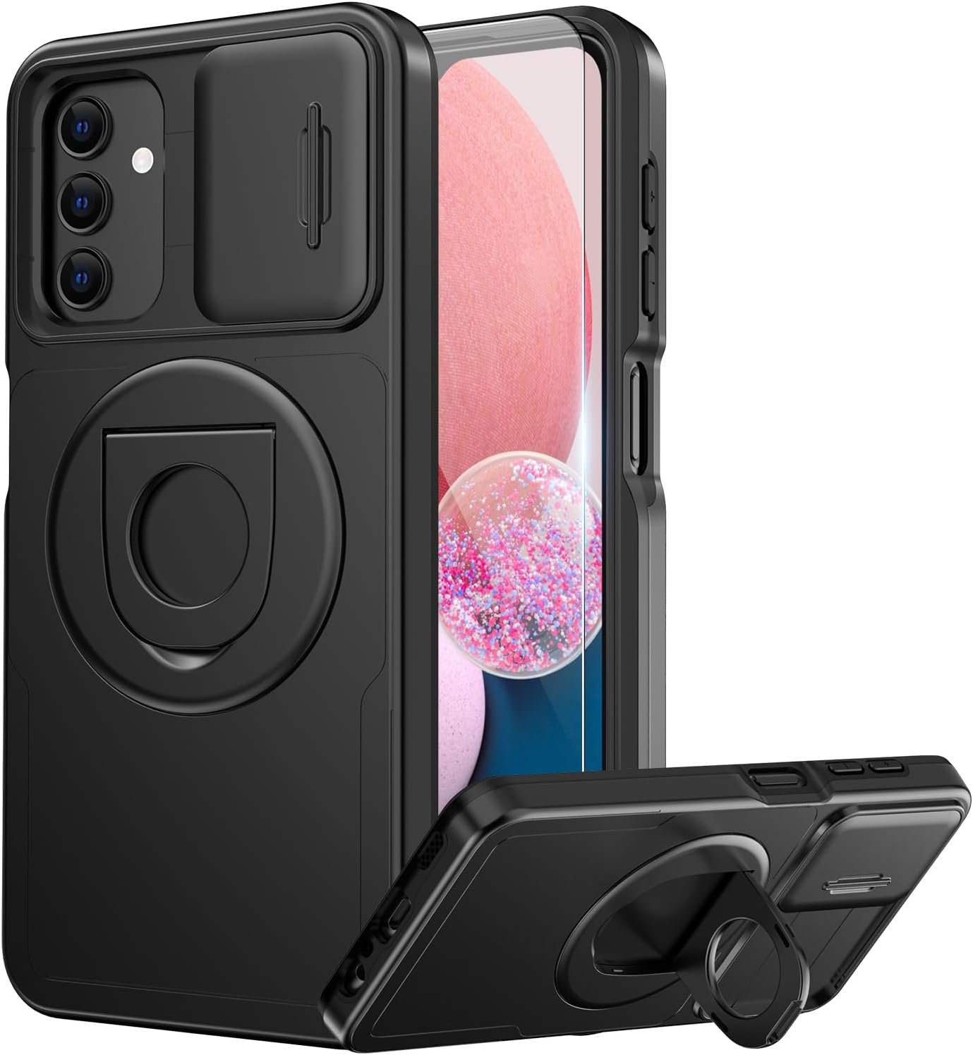 FUNMIKO for Samsung Galaxy A34 Case with Sliding Camera Lens Cover and Glass Screen Protector – Magnetic Kickstand – Shockproof Protective Phone Case for Men Women Girls – Black