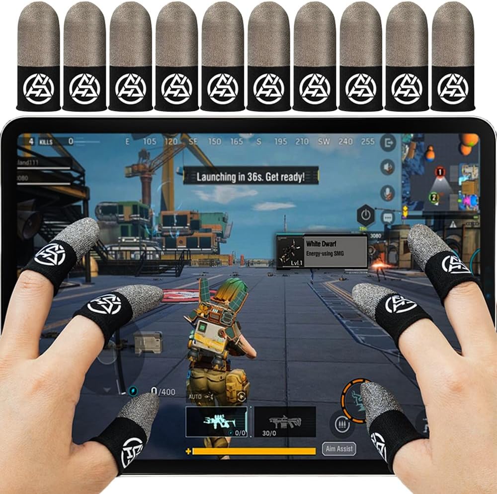 Gaming Finger Sleeves, Gamer Touchscreen Finger & Thumb Covers, 0.3mm Silver Fiber, High Sensitive, Anti Sweat, Breathable, Ultra Thin, PUBG Game Gloves for Mobile Phone/iPad Tablet (10 Pcs)