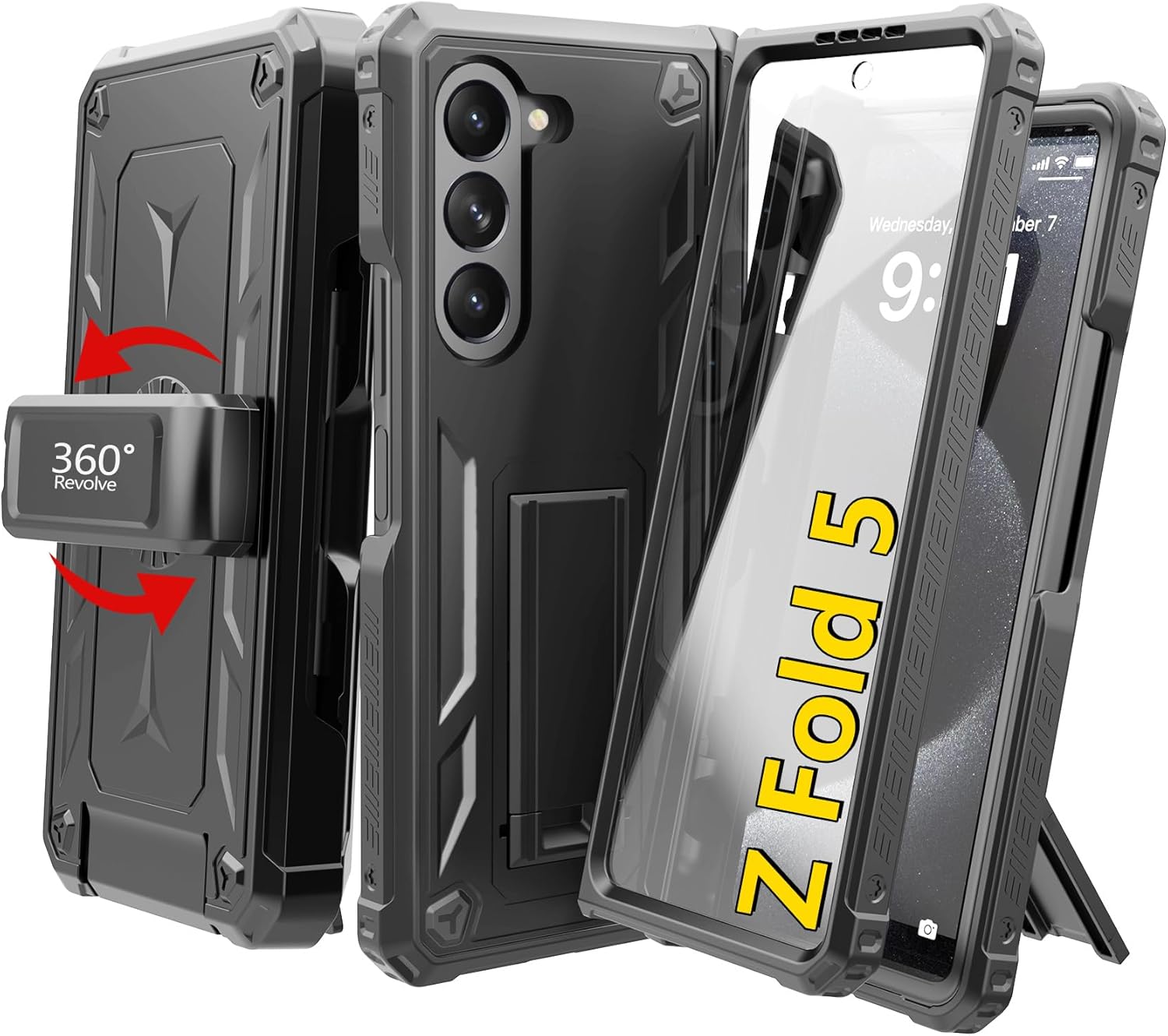 KJSK Rugged Case for Samsung Galaxy Z Fold 5 (2023) with Pen Holder & Belt Clip Holster & Hinge Protection & Built-in Kickstand & Glass Screen Protector – Heavy Duty Military Grade Drop Protection