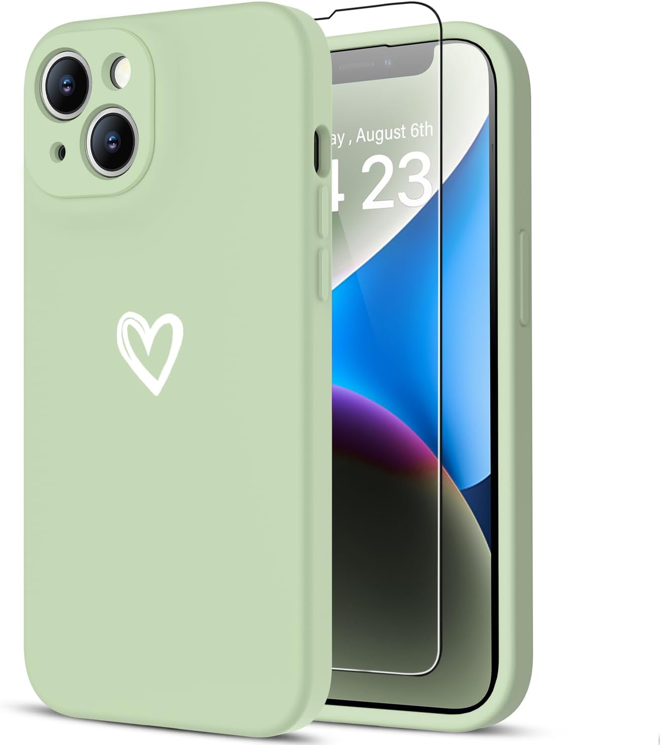 LUHOURI for iPhone 14 Case with Screen Protector – Wireless Charging Compatible – Enhanced Camera Cover – Protective Silicone Phone Case with Cute Heart Design for Women Girls 6.1″ – Tea Green