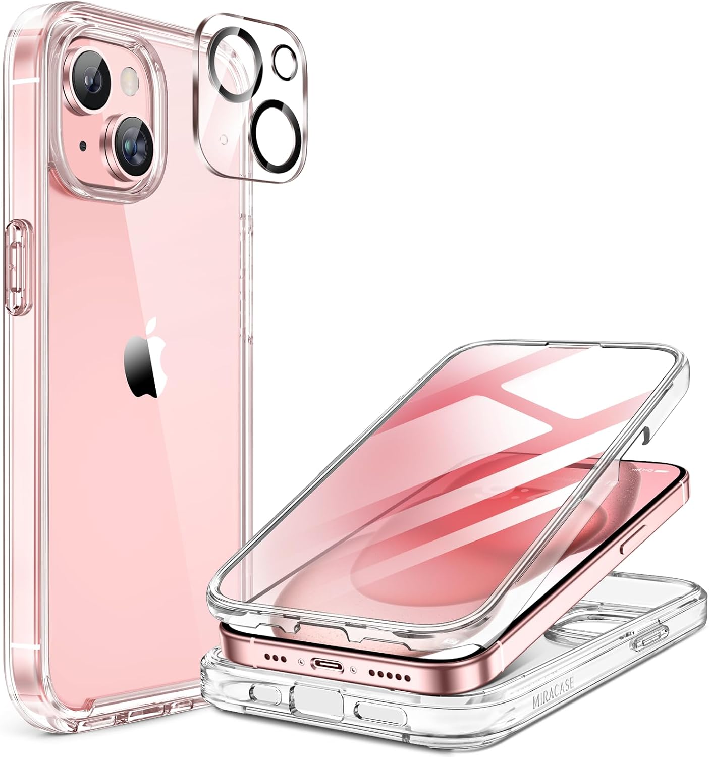 Miracase for iPhone 15 Case Clear Full-Body Built-in Glass Screen Protector &Camera Protector, Military Drop Proof 15 Phone Case 360 Degree Shockproof Protective Cover Bumper 6.1 inch, Clear