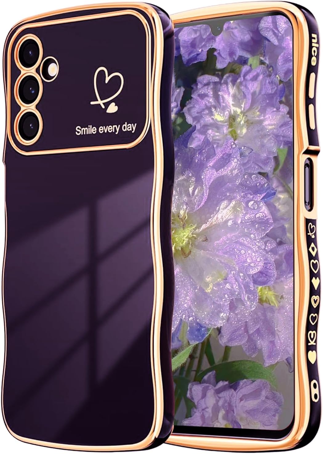 NITITOP Compatible with Samsung Galaxy A34 5G Case Cute Luxury Women Girls Men with Love Heart Electroplated Pattern Curly Wave Frame Raised Camera Shockproof Protection Cover-Dark Purple