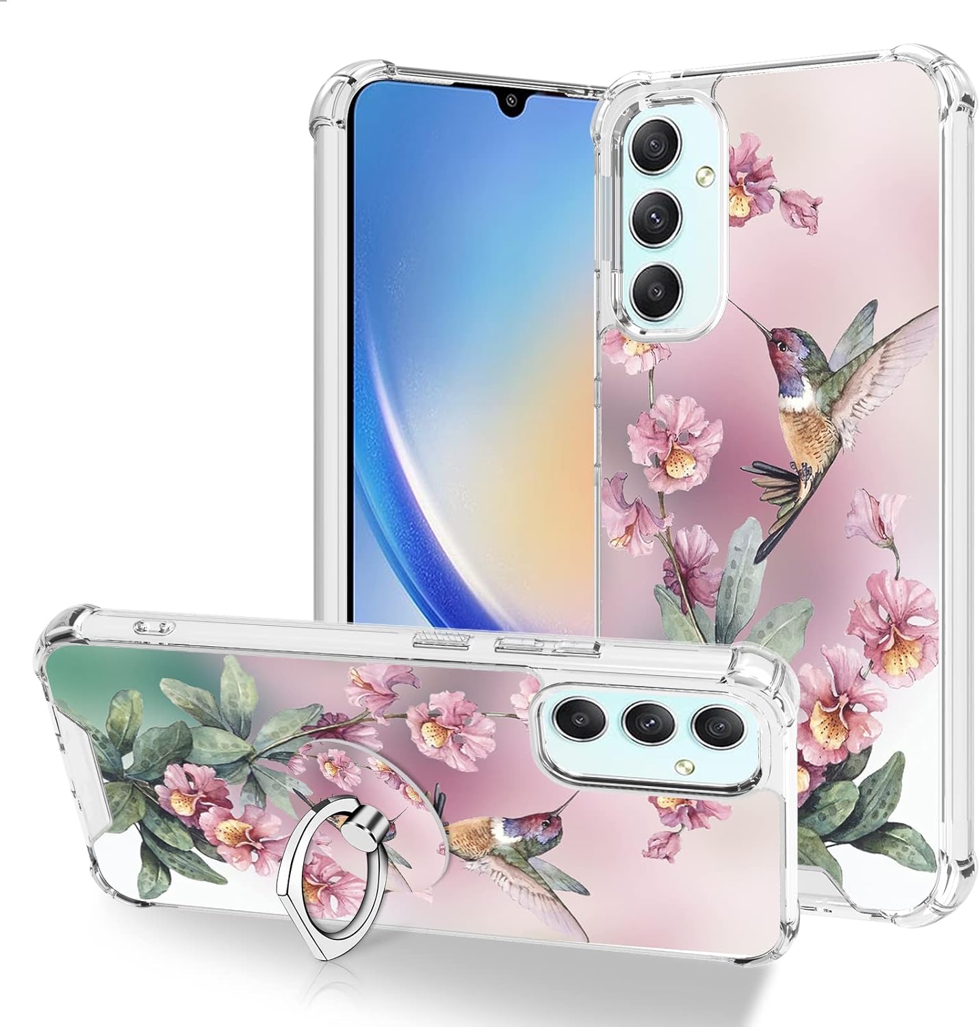 OOK Clear Case Compatible with Samsung Galaxy A34 5G, Pink Hummingbird Pattern Flexible TPU Shockproof Anti-Scratch Bumper Transparent Cover for Galaxy A34 5G with Ring Kickstand