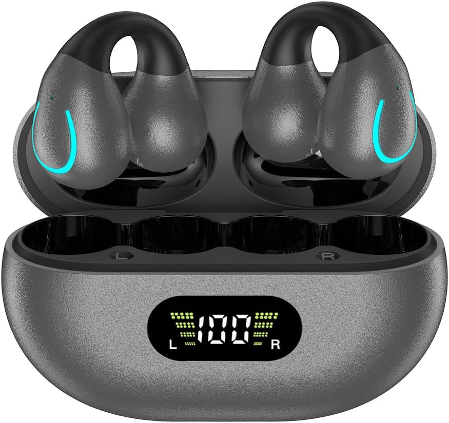 Open Ear Bone Conduction Earbuds with Ear Hook Wireless Clip On Headphones with Digital Display Charging Case Built-in Mic IPX7 Waterproof Bluetooth 5.3 Sport Earphones for Running Fitness Grey