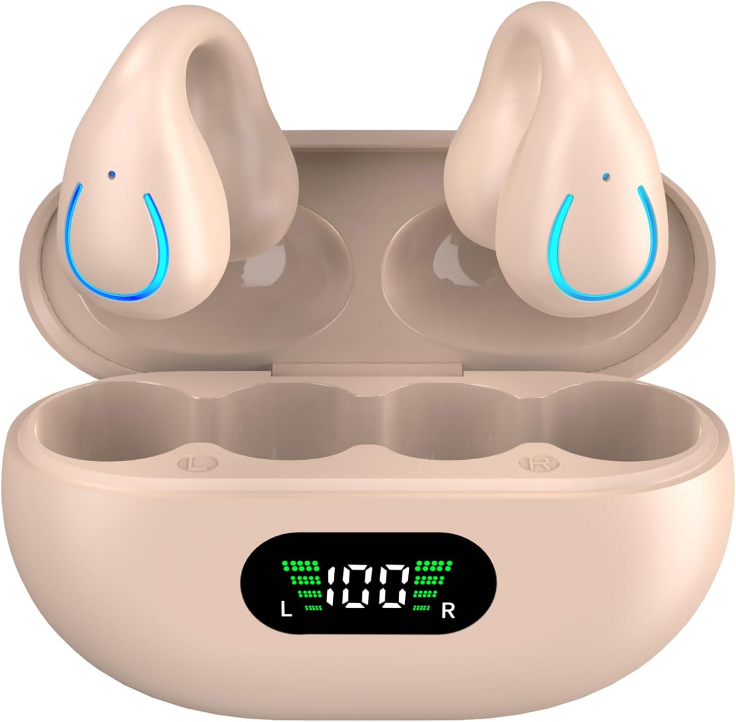 Open Ear Bone Conduction Headphones Wireless Clip On Earbuds with Digital Display Charging Case 60 Hours Playtime Bluetooth 5.3 Sport Earphones Built-in Mic IPX7 Waterproof for Running（Khaki Color）