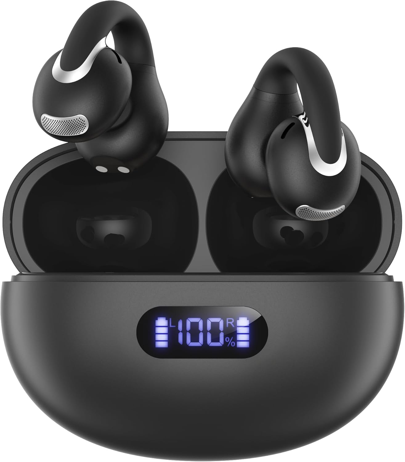 Open Ear Clip Wireless Earbuds Bluetooth 5.4, Lightweight Comfort Sports Bone Conduction Headphones Built-in Mic for Clear Audio, Stable Fit Earphones 24H Play-Black