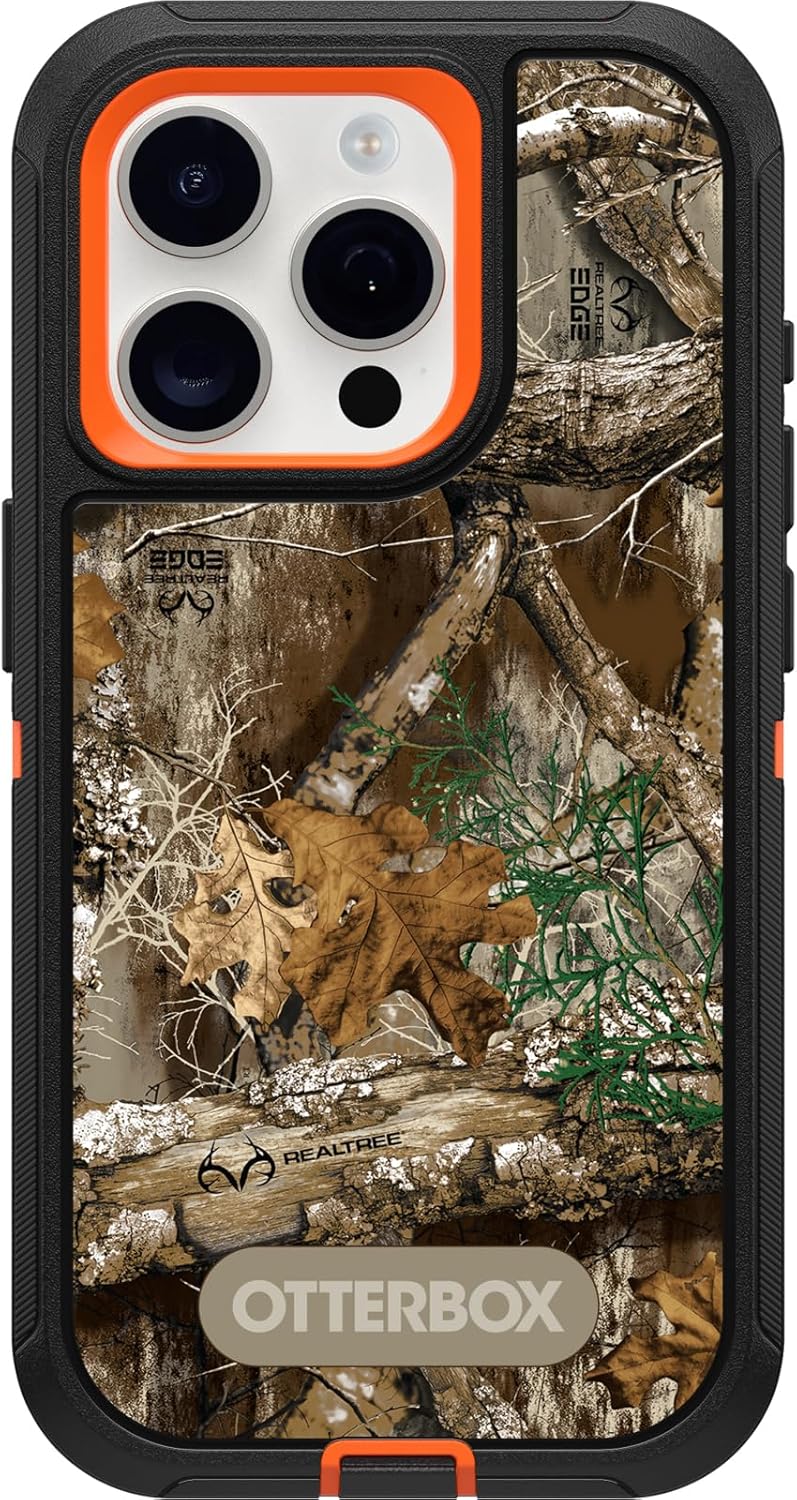 OtterBox iPhone 15 Pro (Only) Defender Series Case – Realtree Edge (Blaze Orange/Black/RT Edge), Rugged & Durable, with Port Protection, Includes Holster Clip Kickstand