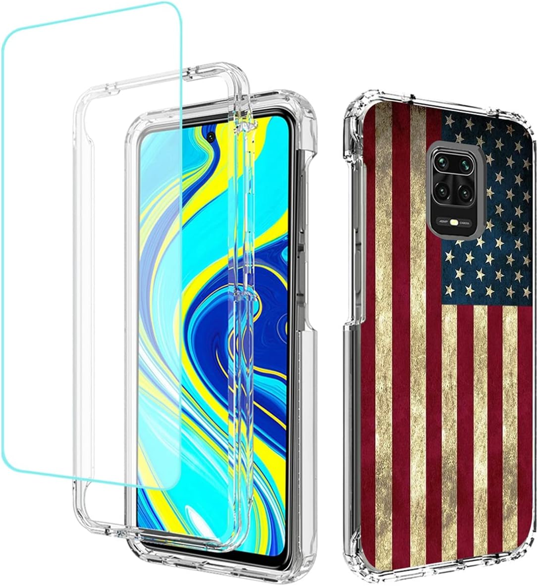 Phone Case for Redmi Note 9 Pro/Note 9 Pro Max/Redmi Note 9S/M2 Pro Case with Tempered-Glass Screen Protector, Clear Flag Pattern Full Body Protective Cover for Xiaomi Redmi Note 9S (USA Flag)